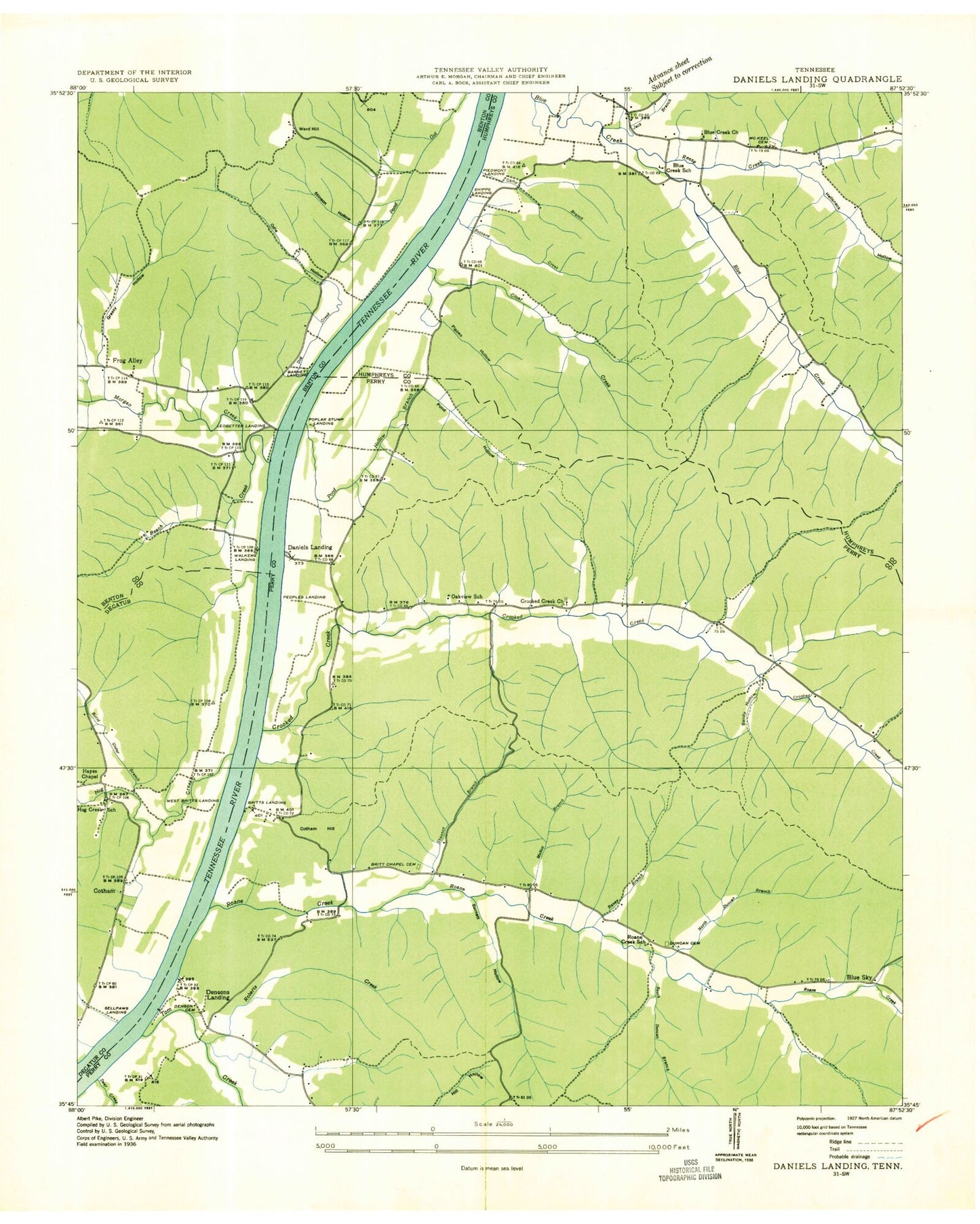 Classic USGS Daniels Landing Tennessee 7.5'x7.5' Topo Map Image