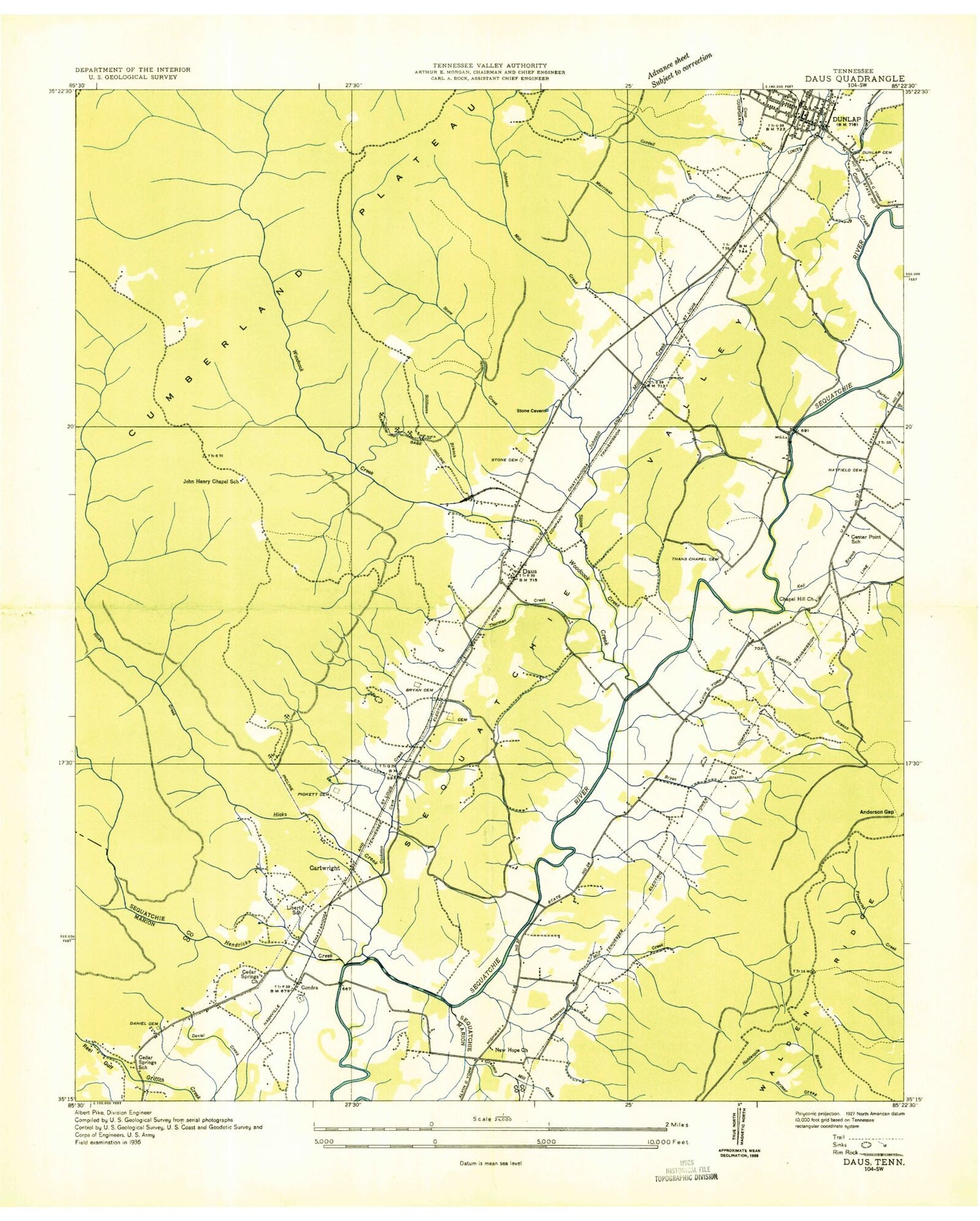 Classic USGS Daus Tennessee 7.5'x7.5' Topo Map Image