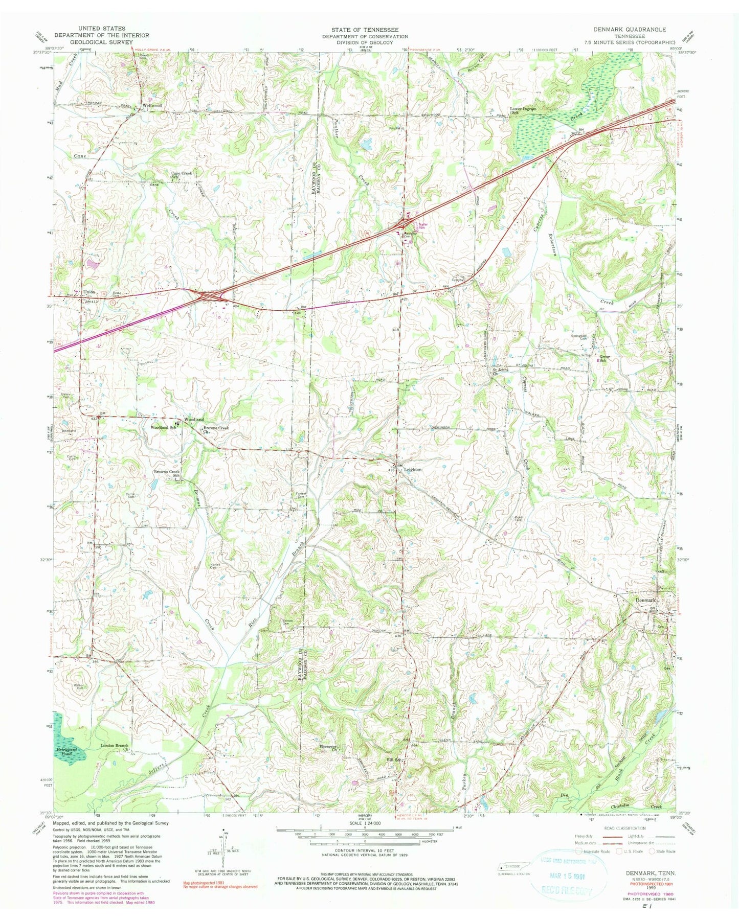 Classic USGS Denmark Tennessee 7.5'x7.5' Topo Map Image