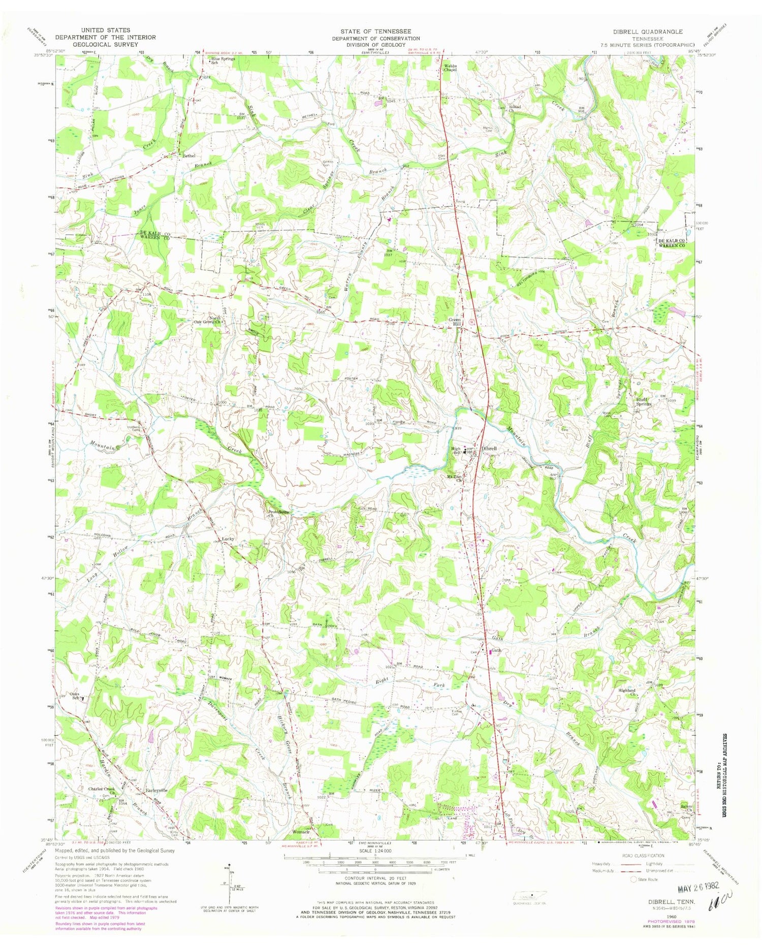 Classic USGS Dibrell Tennessee 7.5'x7.5' Topo Map Image
