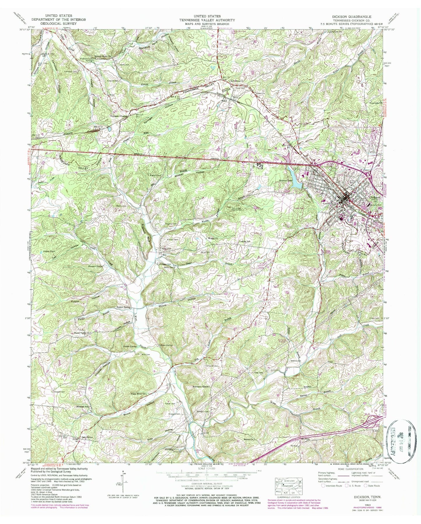 Classic USGS Dickson Tennessee 7.5'x7.5' Topo Map Image