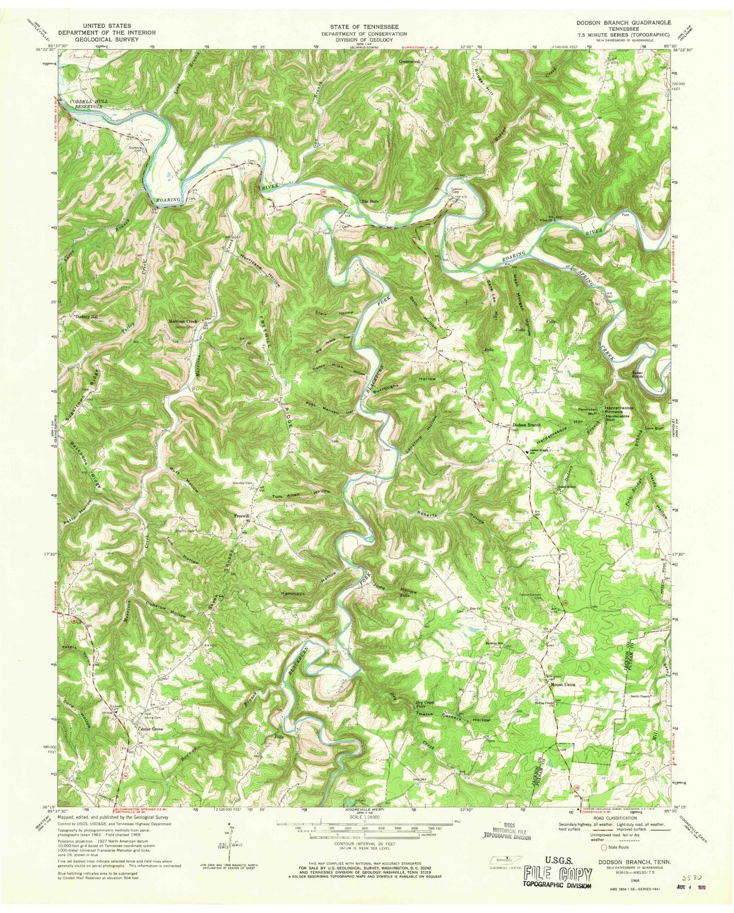 Classic USGS Dodson Branch Tennessee 7.5'x7.5' Topo Map Image