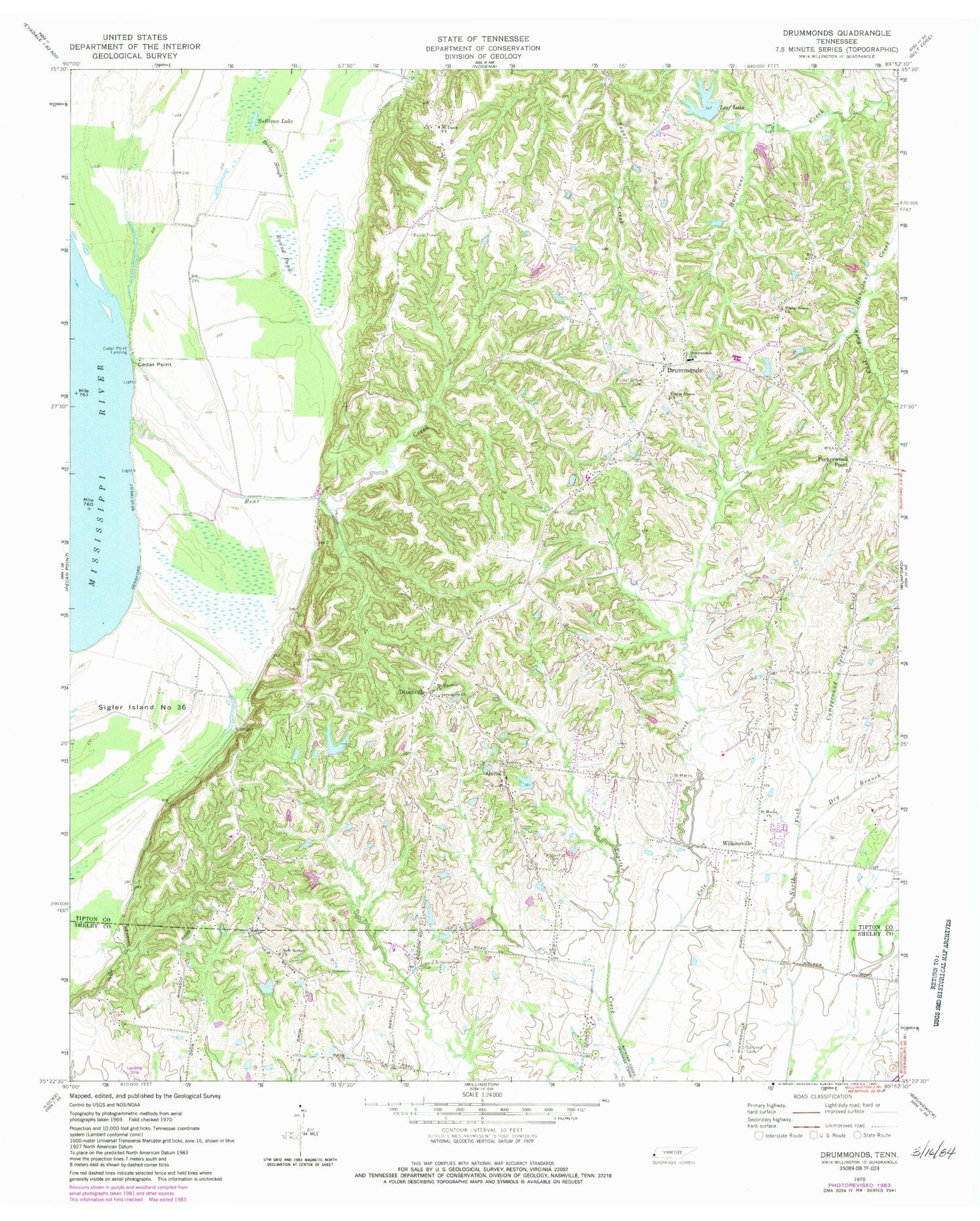 Classic USGS Drummonds Tennessee 7.5'x7.5' Topo Map Image