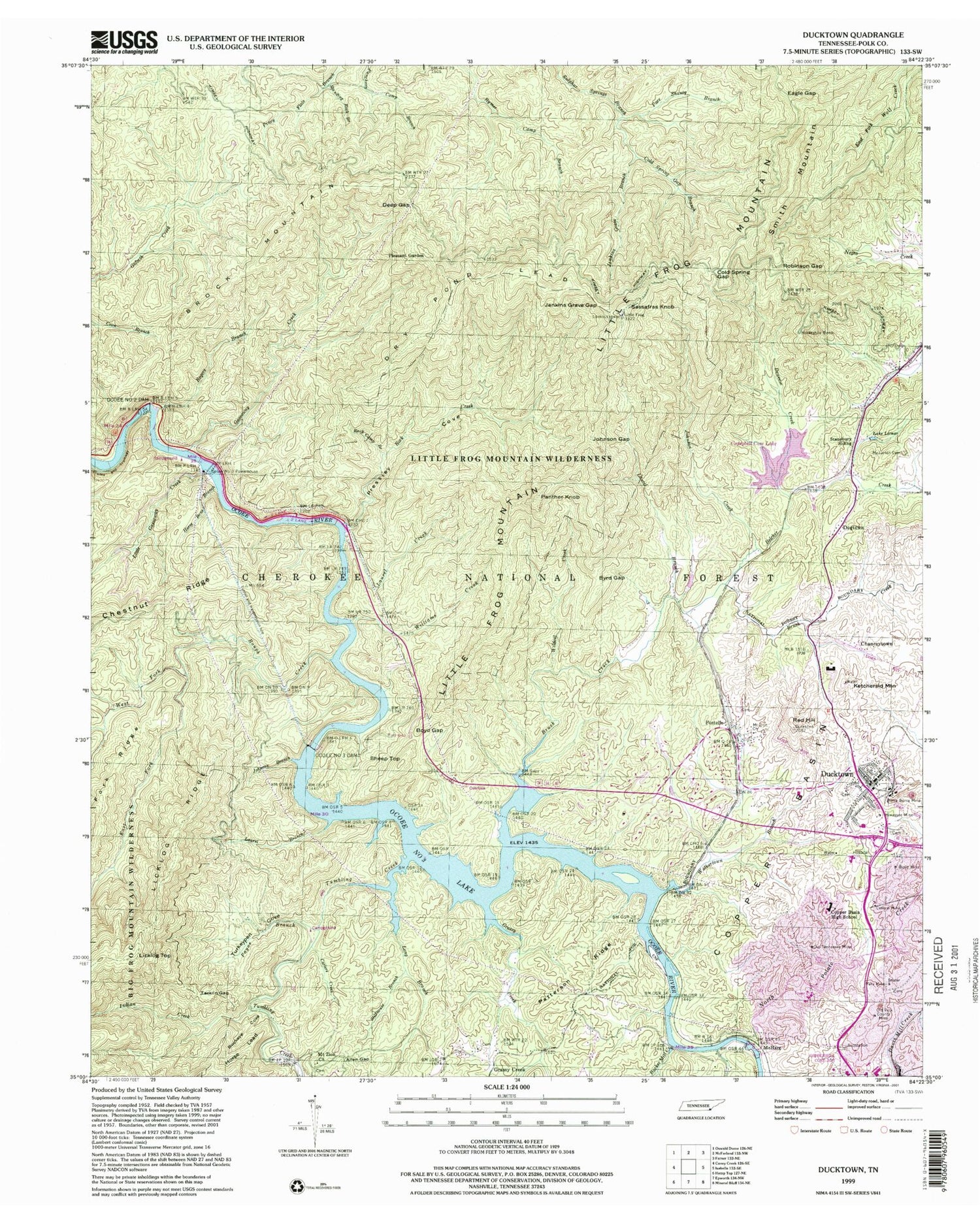 Classic USGS Ducktown Tennessee 7.5'x7.5' Topo Map Image