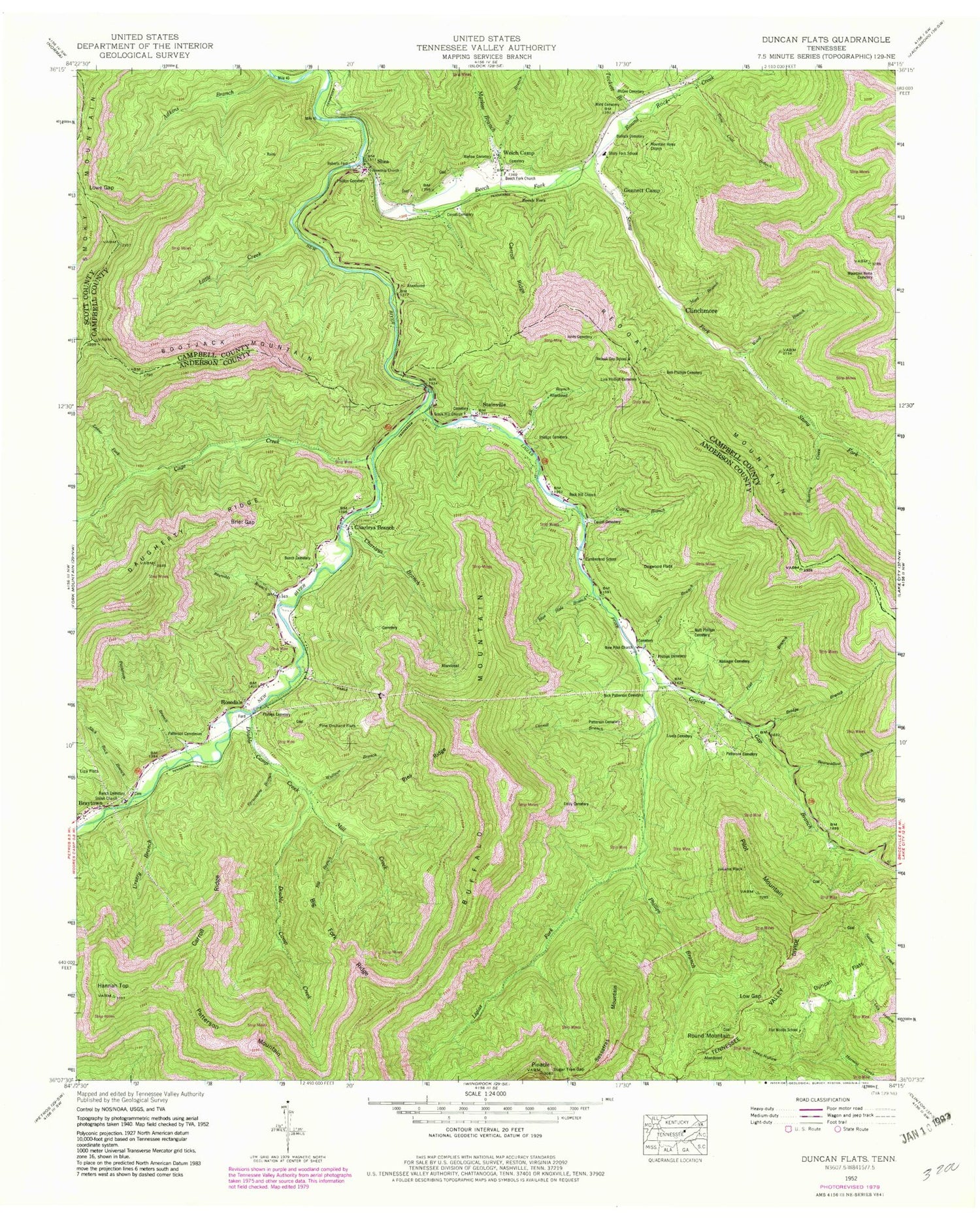 Classic USGS Duncan Flats Tennessee 7.5'x7.5' Topo Map Image