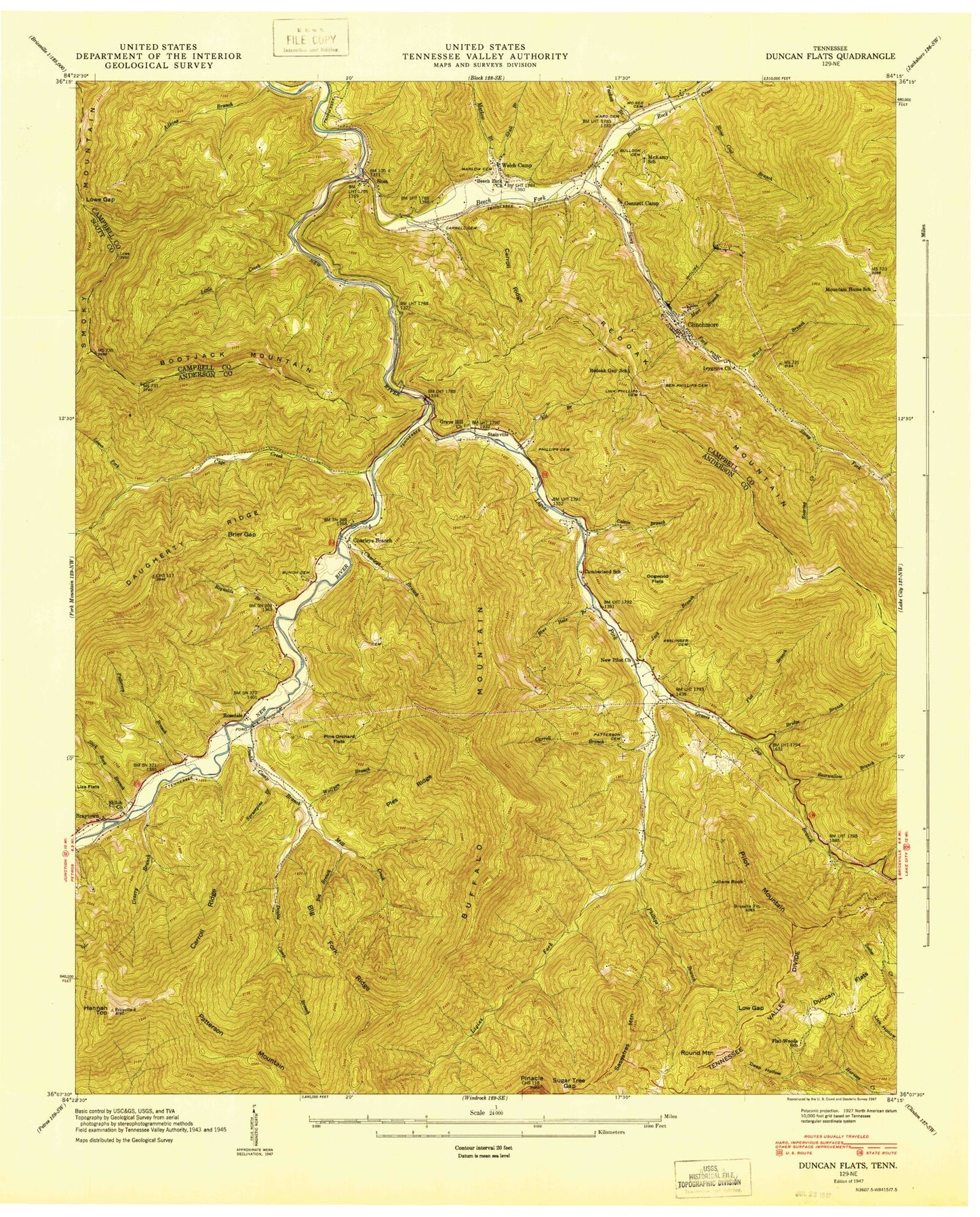 Classic USGS Duncan Flats Tennessee 7.5'x7.5' Topo Map Image