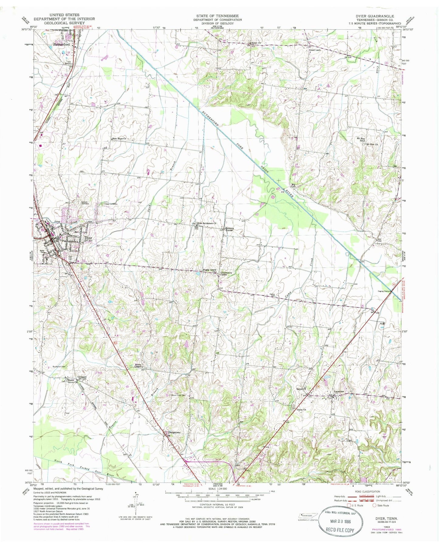 Classic USGS Dyer Tennessee 7.5'x7.5' Topo Map Image