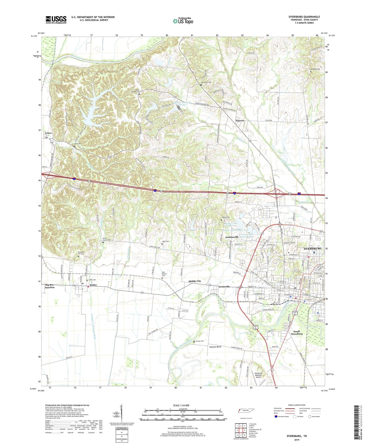 Dyersburg Tennessee US Topo Map Image