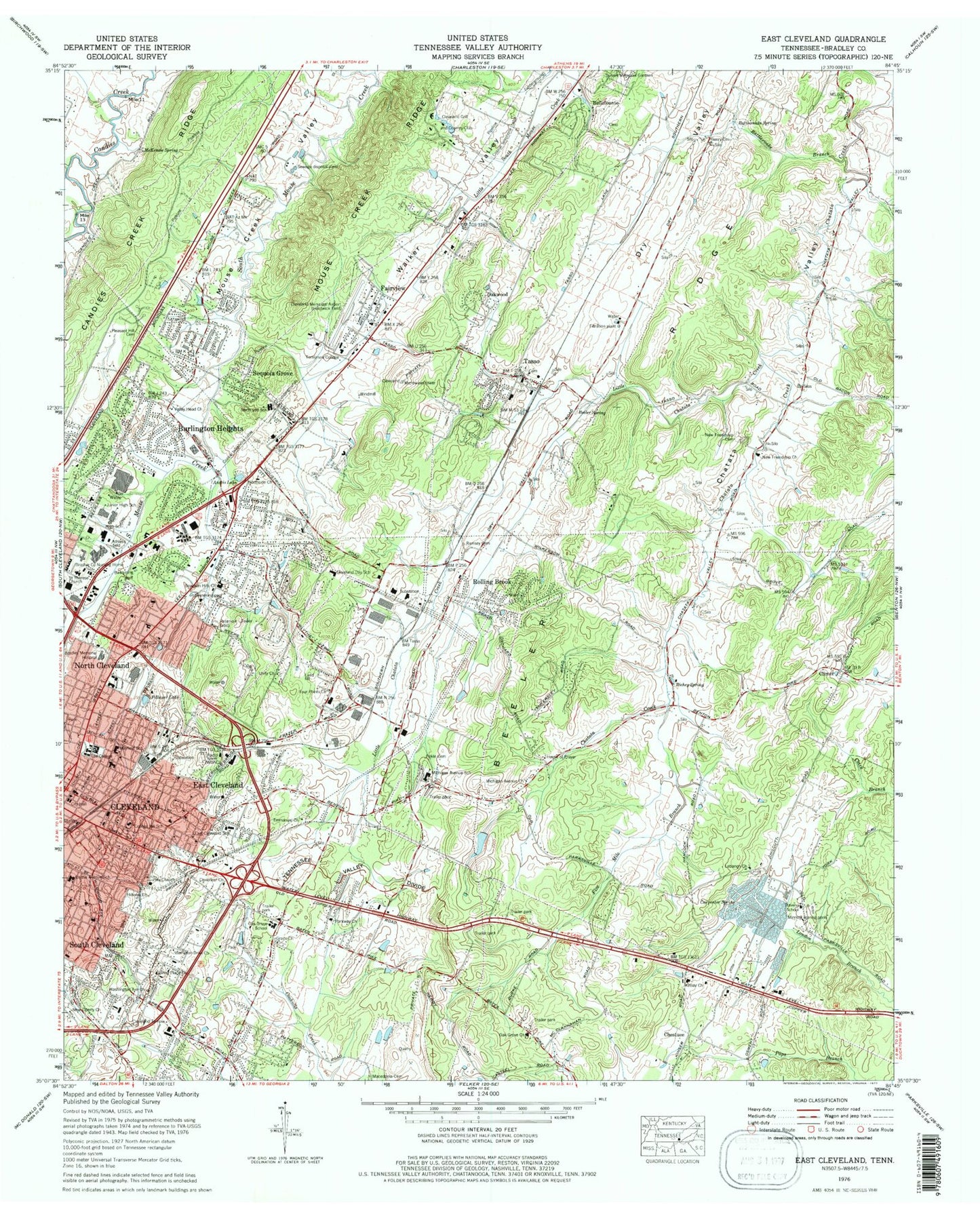Classic USGS East Cleveland Tennessee 7.5'x7.5' Topo Map Image