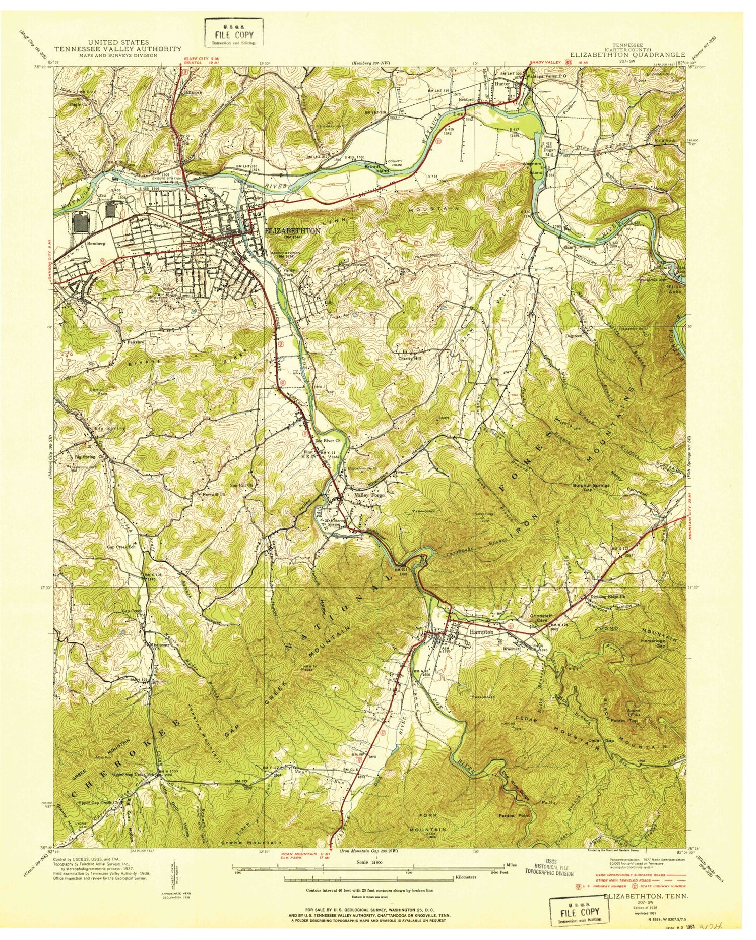 Classic USGS Elizabethton Tennessee 7.5'x7.5' Topo Map Image