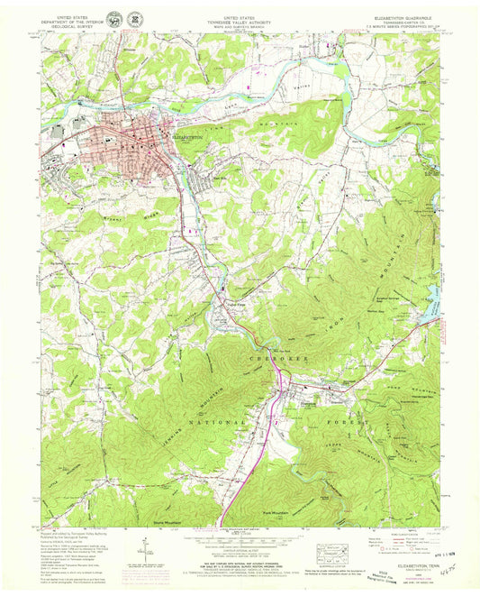 Classic USGS Elizabethton Tennessee 7.5'x7.5' Topo Map Image