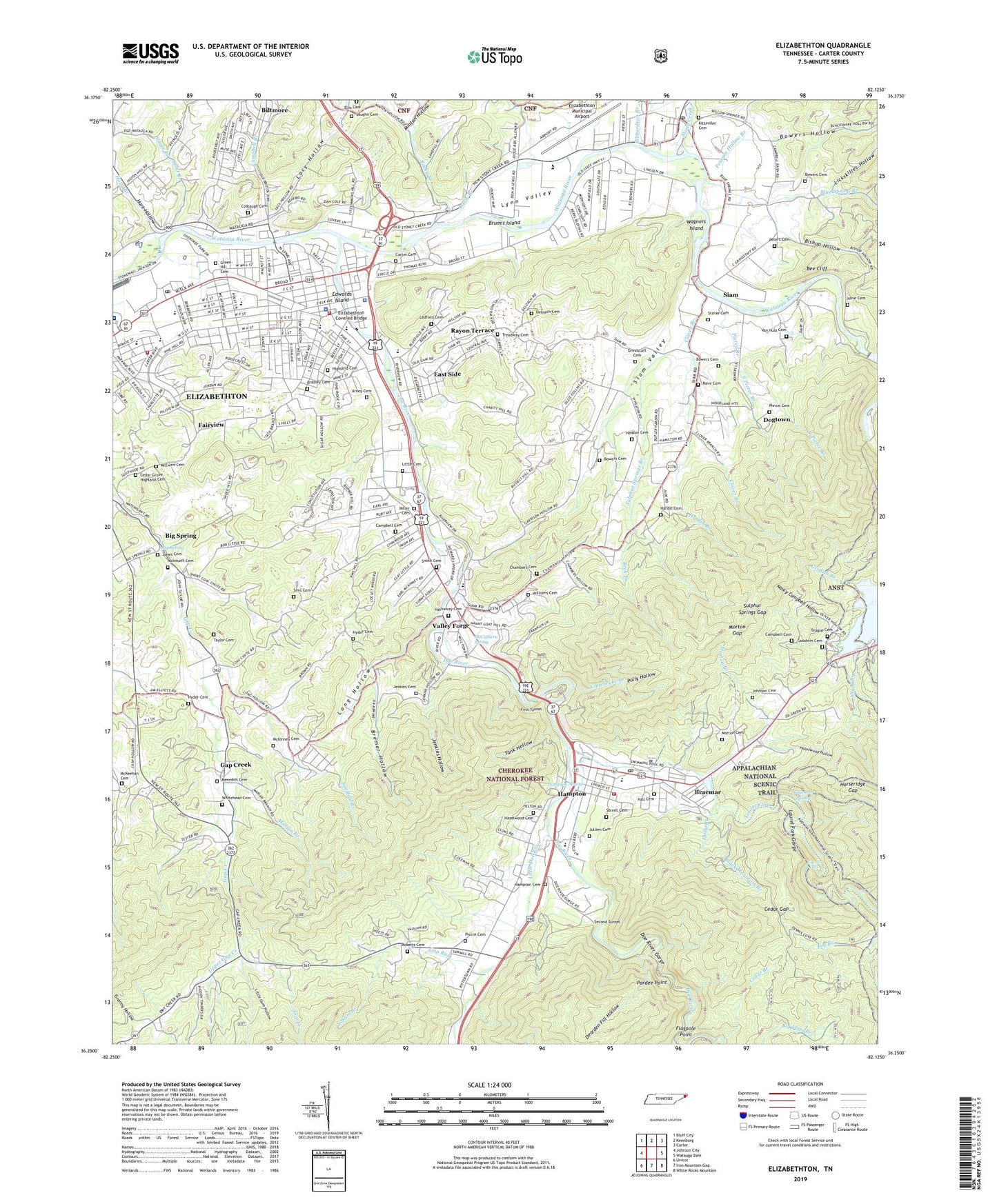 Elizabethton Tennessee US Topo Map Image