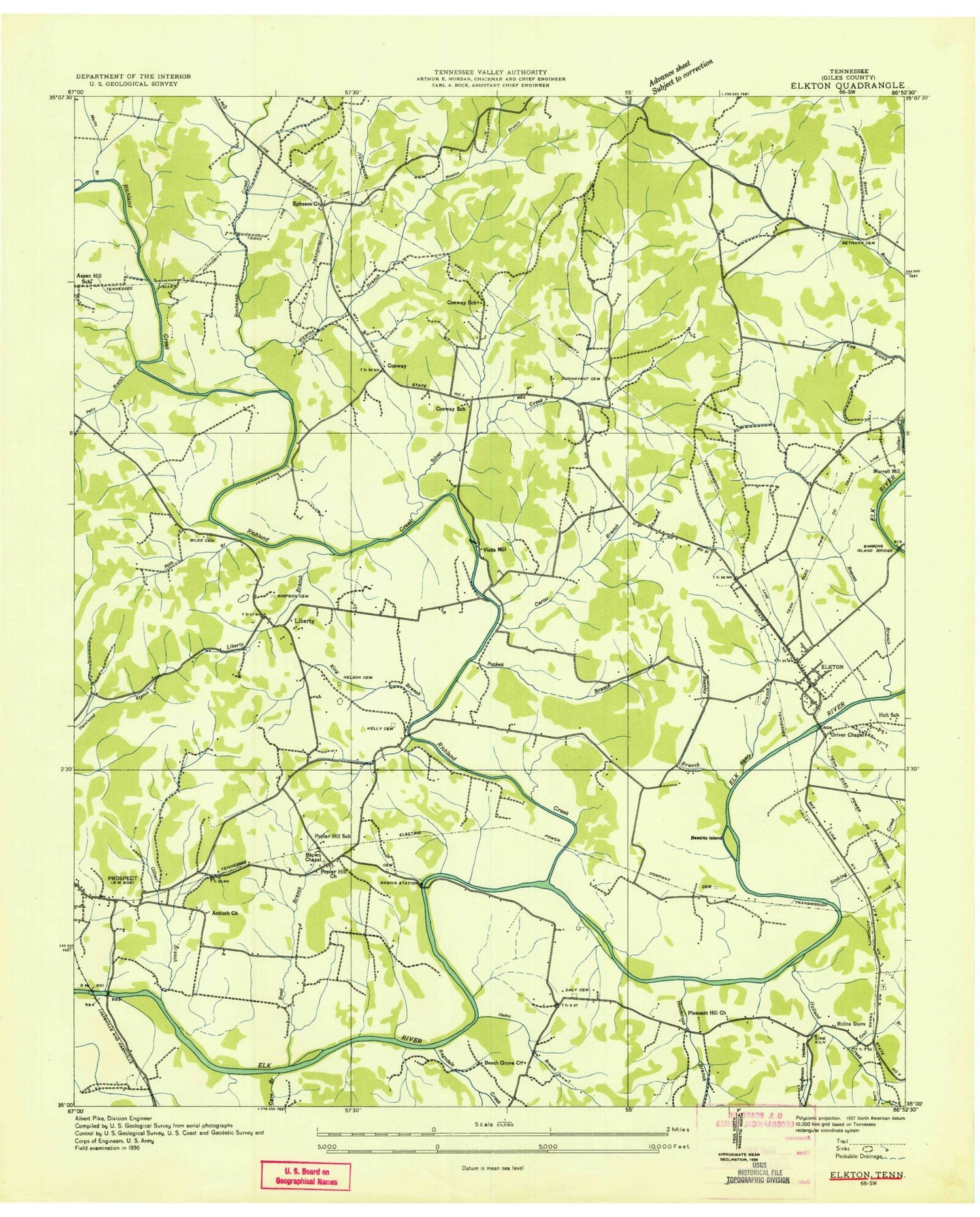 Classic USGS Elkton Tennessee 7.5'x7.5' Topo Map Image