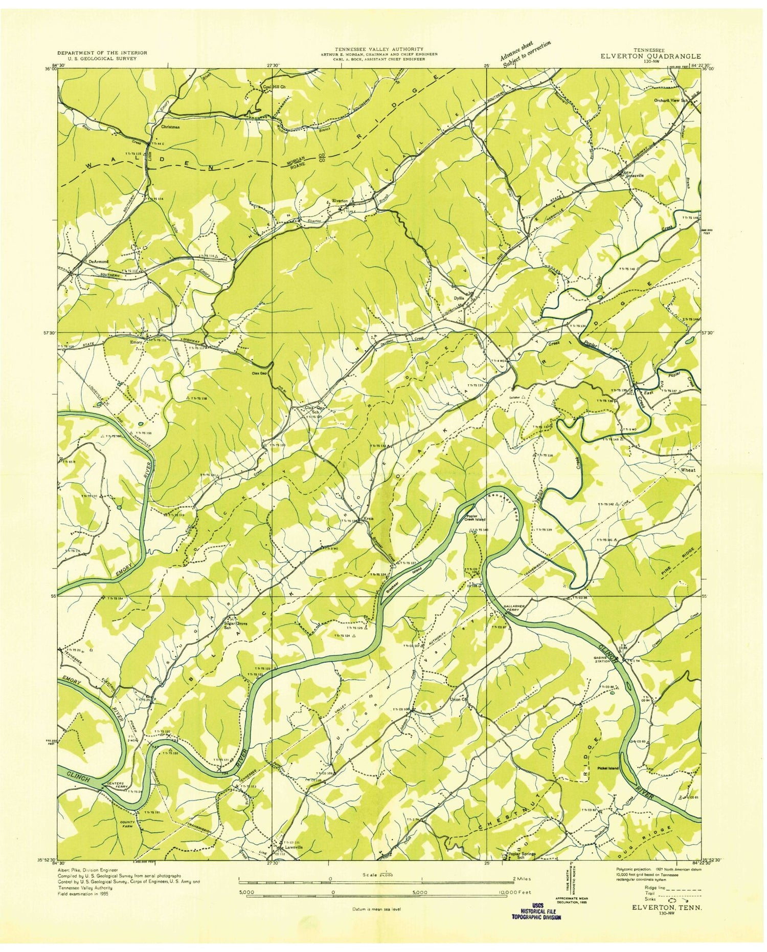 Classic USGS Elverton Tennessee 7.5'x7.5' Topo Map Image