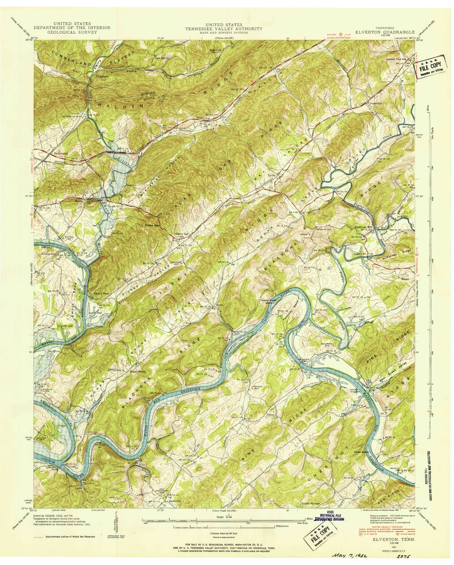 Classic USGS Elverton Tennessee 7.5'x7.5' Topo Map Image