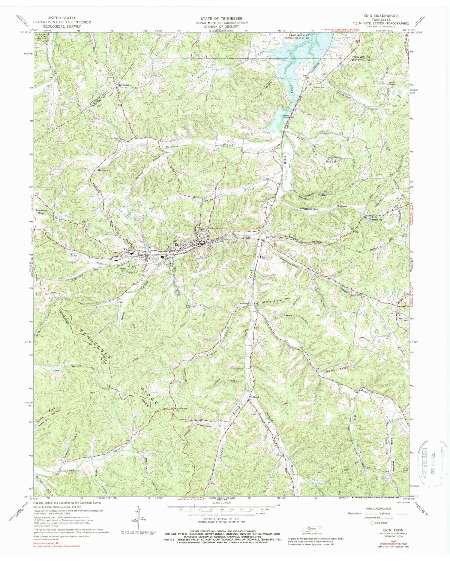 Classic USGS Erin Tennessee 7.5'x7.5' Topo Map Image