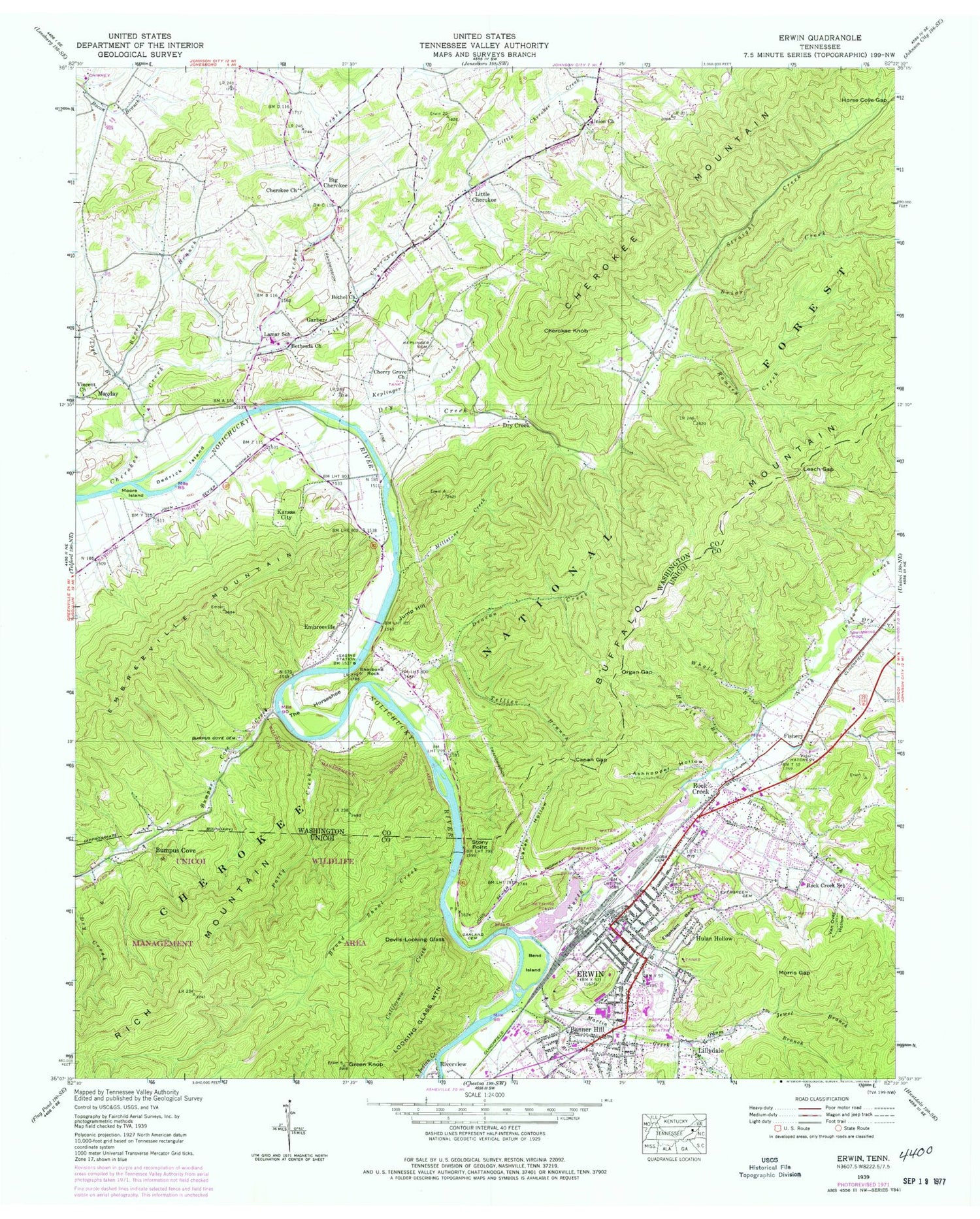 Classic USGS Erwin Tennessee 7.5'x7.5' Topo Map Image