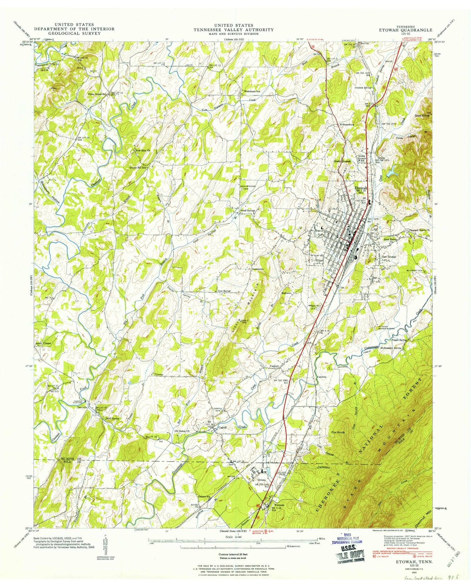 Classic USGS Etowah Tennessee 7.5'x7.5' Topo Map Image