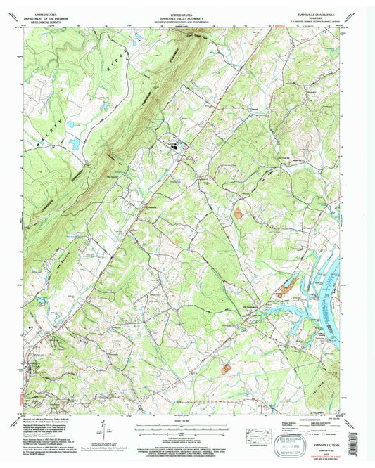 Classic USGS Evensville Tennessee 7.5'x7.5' Topo Map Image