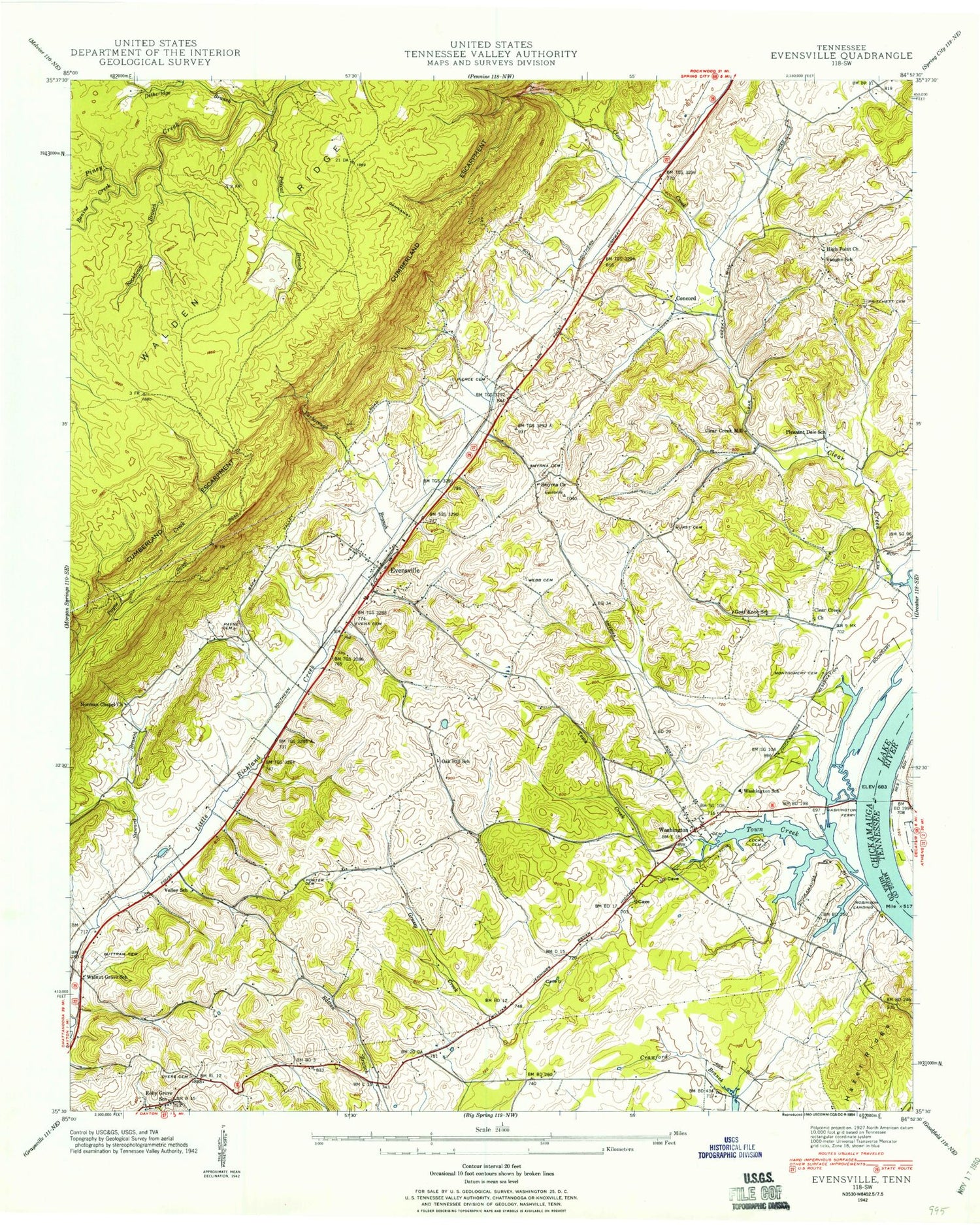 Classic USGS Evensville Tennessee 7.5'x7.5' Topo Map Image