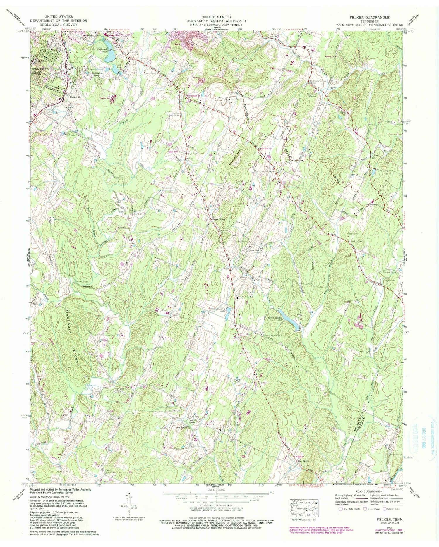 Classic USGS Felker Tennessee 7.5'x7.5' Topo Map Image