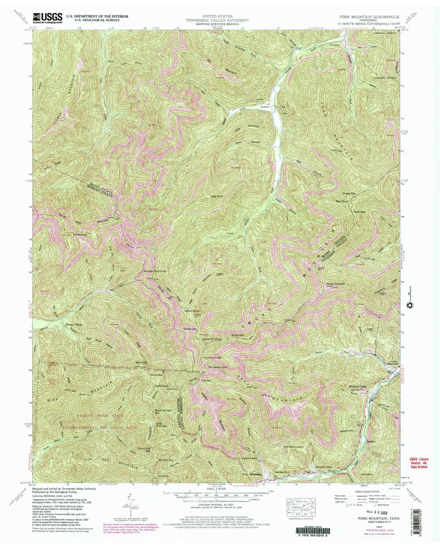 USGS Classic Fork Mountain Tennessee 7.5'x7.5' Topo Map Image