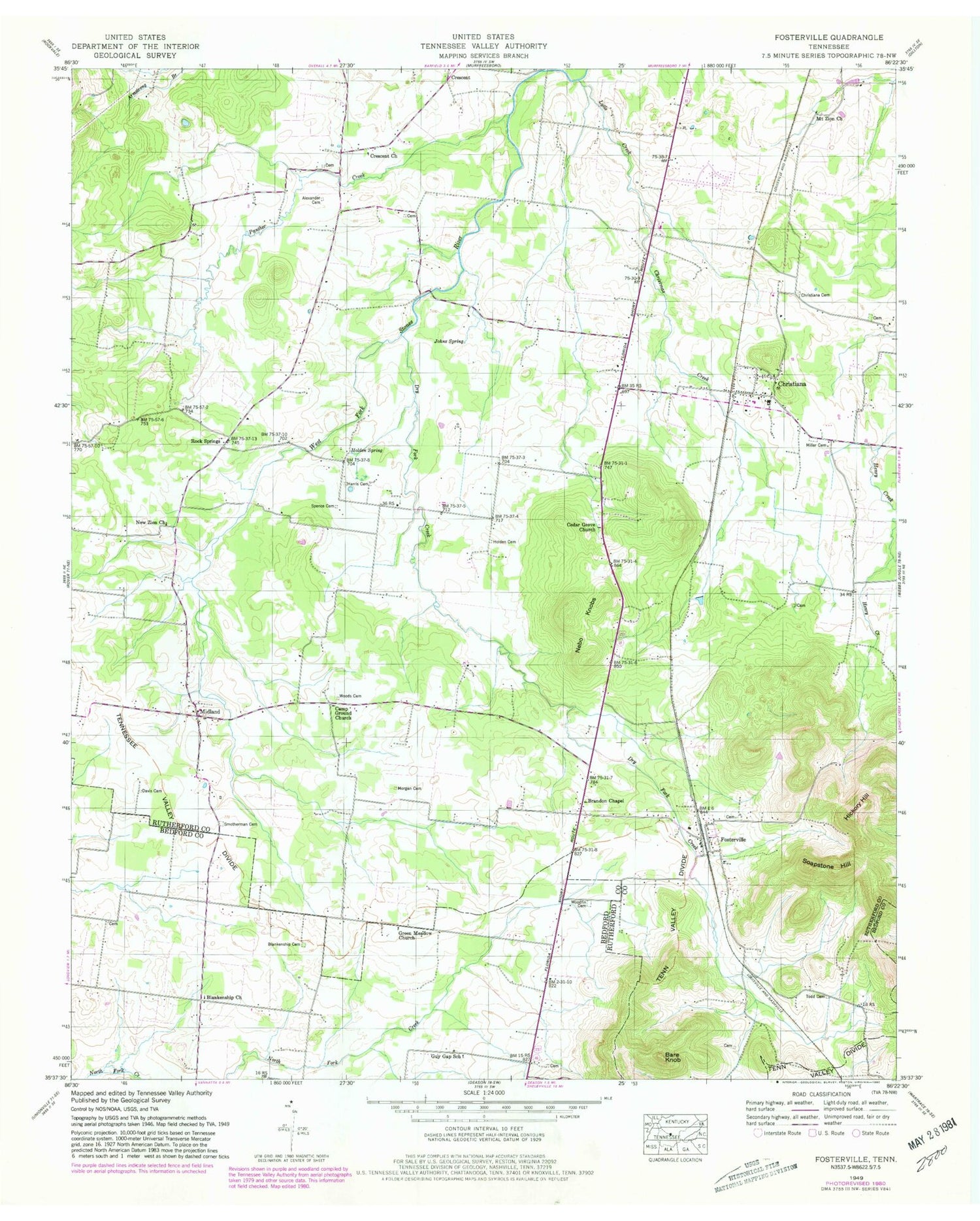 Classic USGS Fosterville Tennessee 7.5'x7.5' Topo Map Image