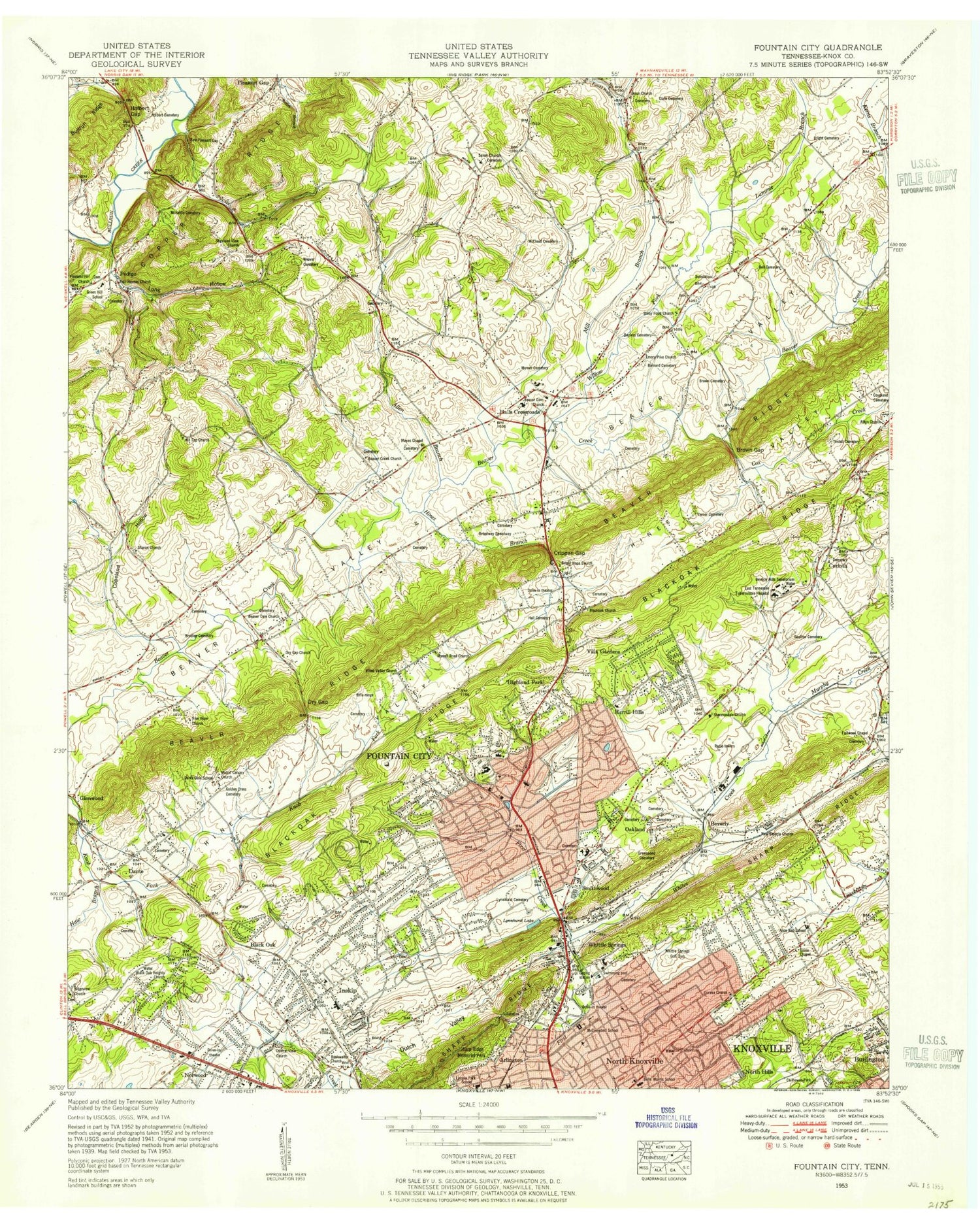 Classic USGS Fountain City Tennessee 7.5'x7.5' Topo Map Image
