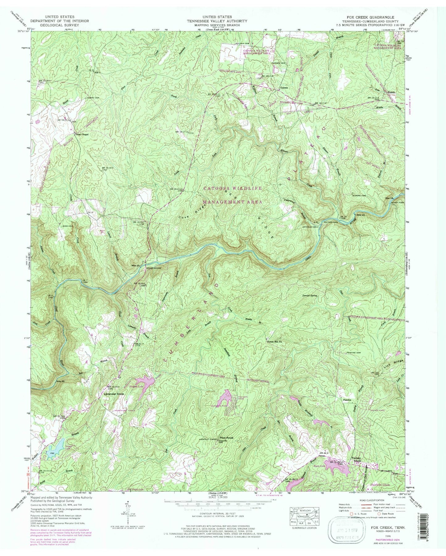 Classic USGS Fox Creek Tennessee 7.5'x7.5' Topo Map Image