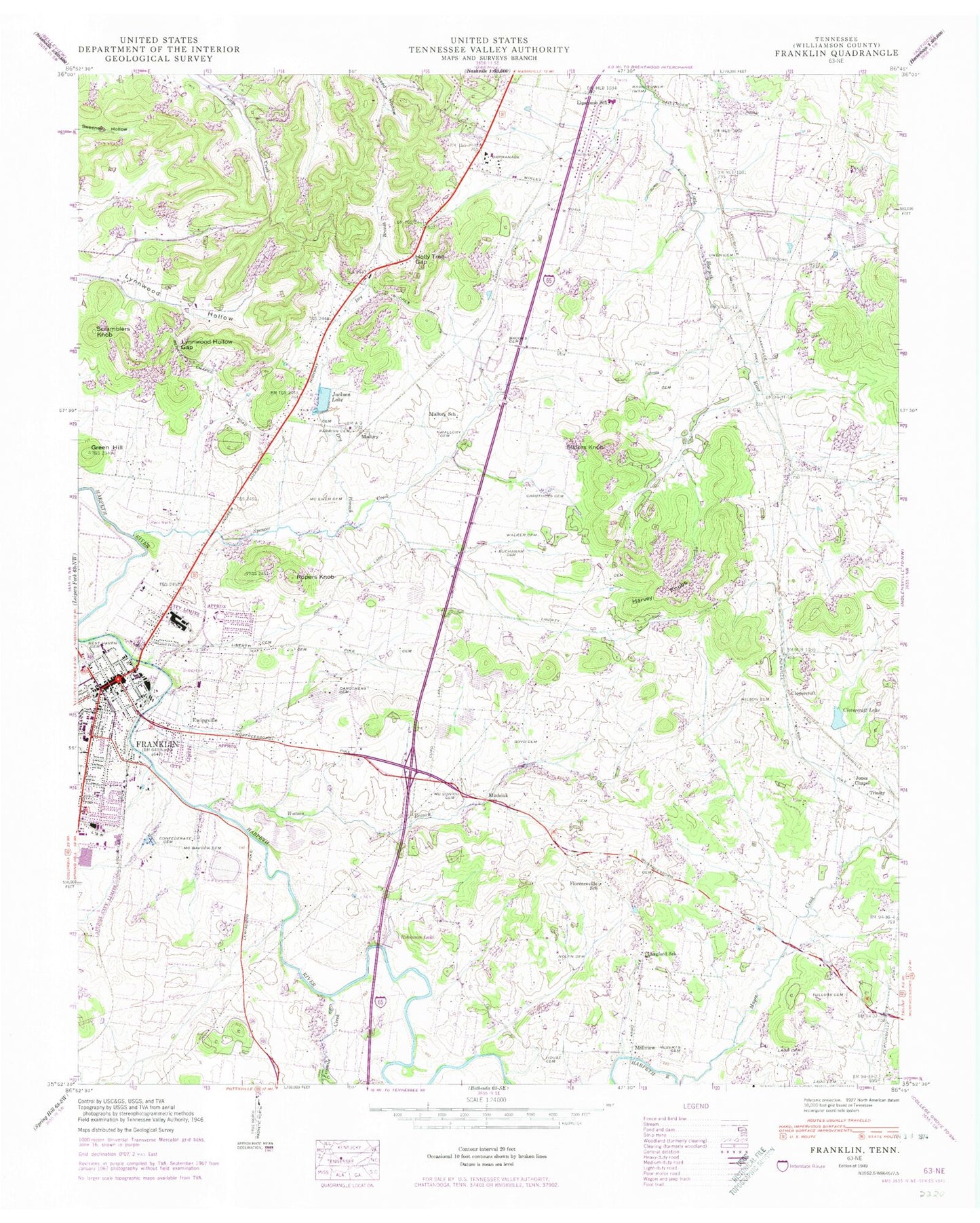 Classic USGS Franklin Tennessee 7.5'x7.5' Topo Map Image