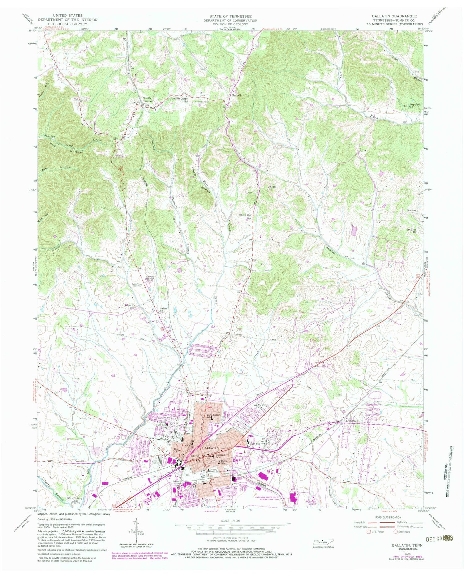 Classic USGS Gallatin Tennessee 7.5'x7.5' Topo Map Image