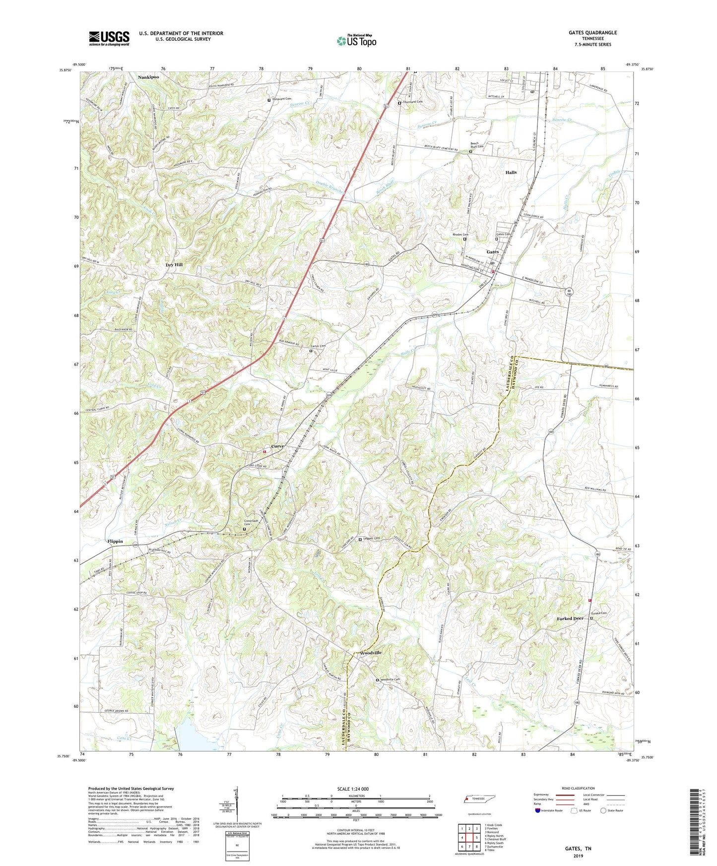 Gates Tennessee US Topo Map Image