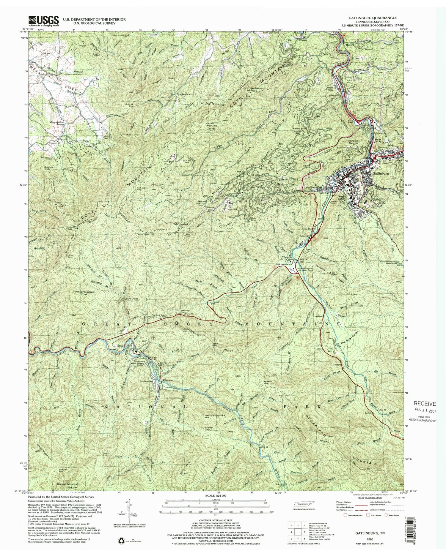 Classic USGS Gatlinburg Tennessee 7.5'x7.5' Topo Map Image
