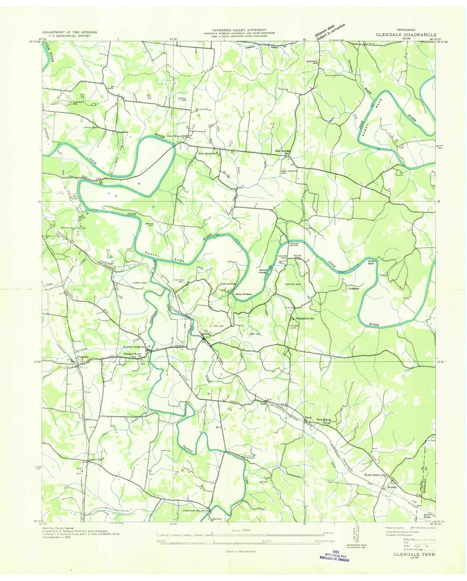 Classic USGS Glendale Tennessee 7.5'x7.5' Topo Map Image