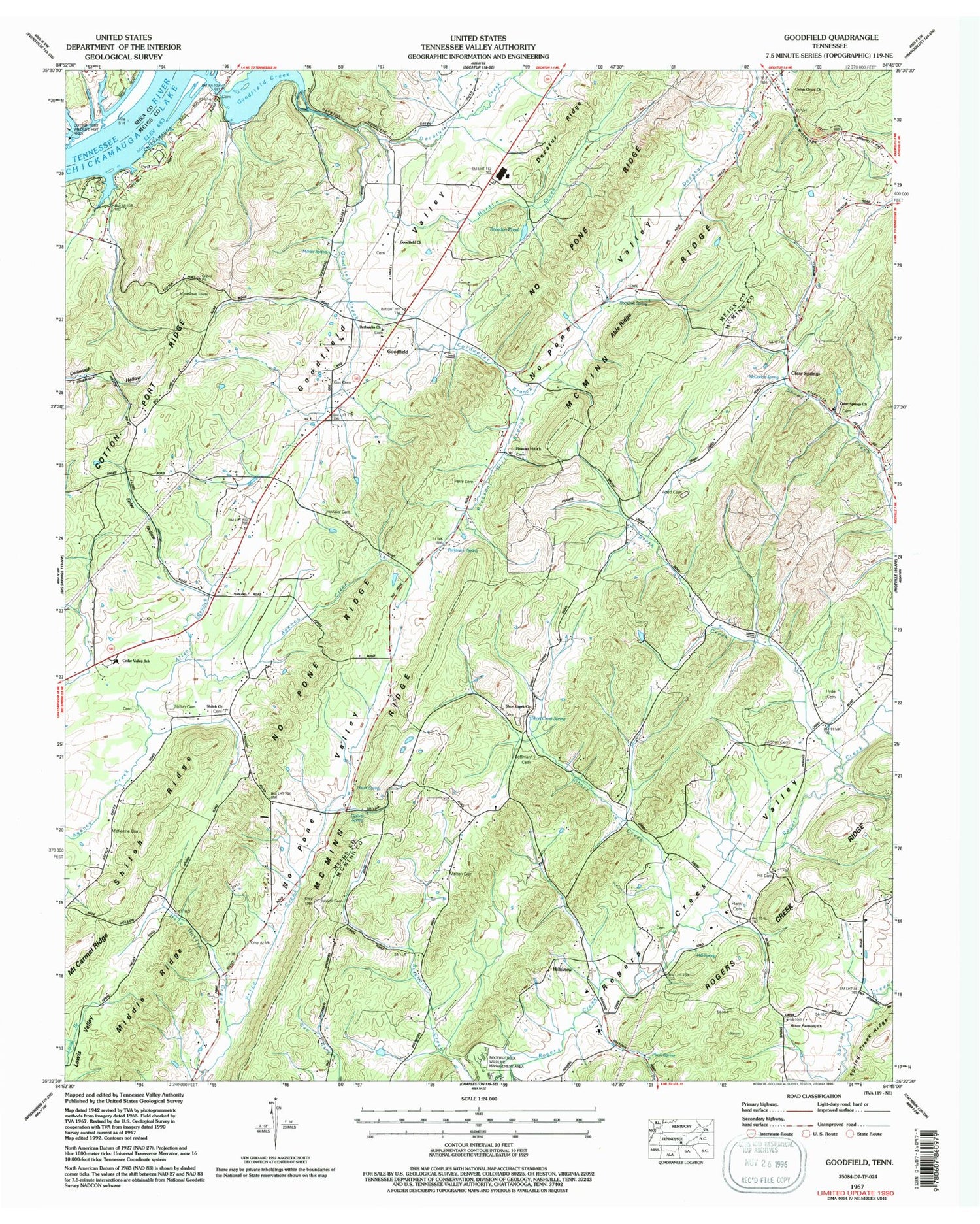 Classic USGS Goodfield Tennessee 7.5'x7.5' Topo Map Image