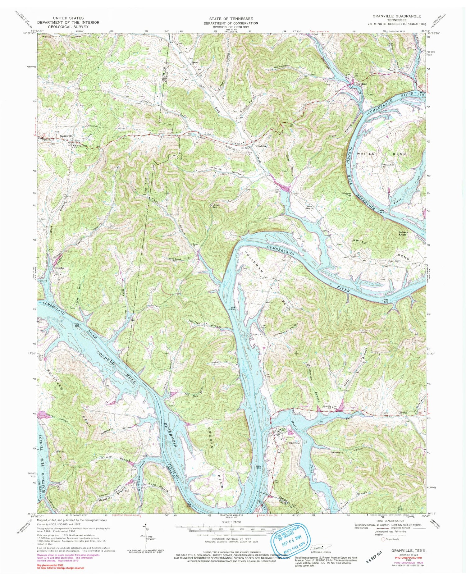 Classic USGS Granville Tennessee 7.5'x7.5' Topo Map Image