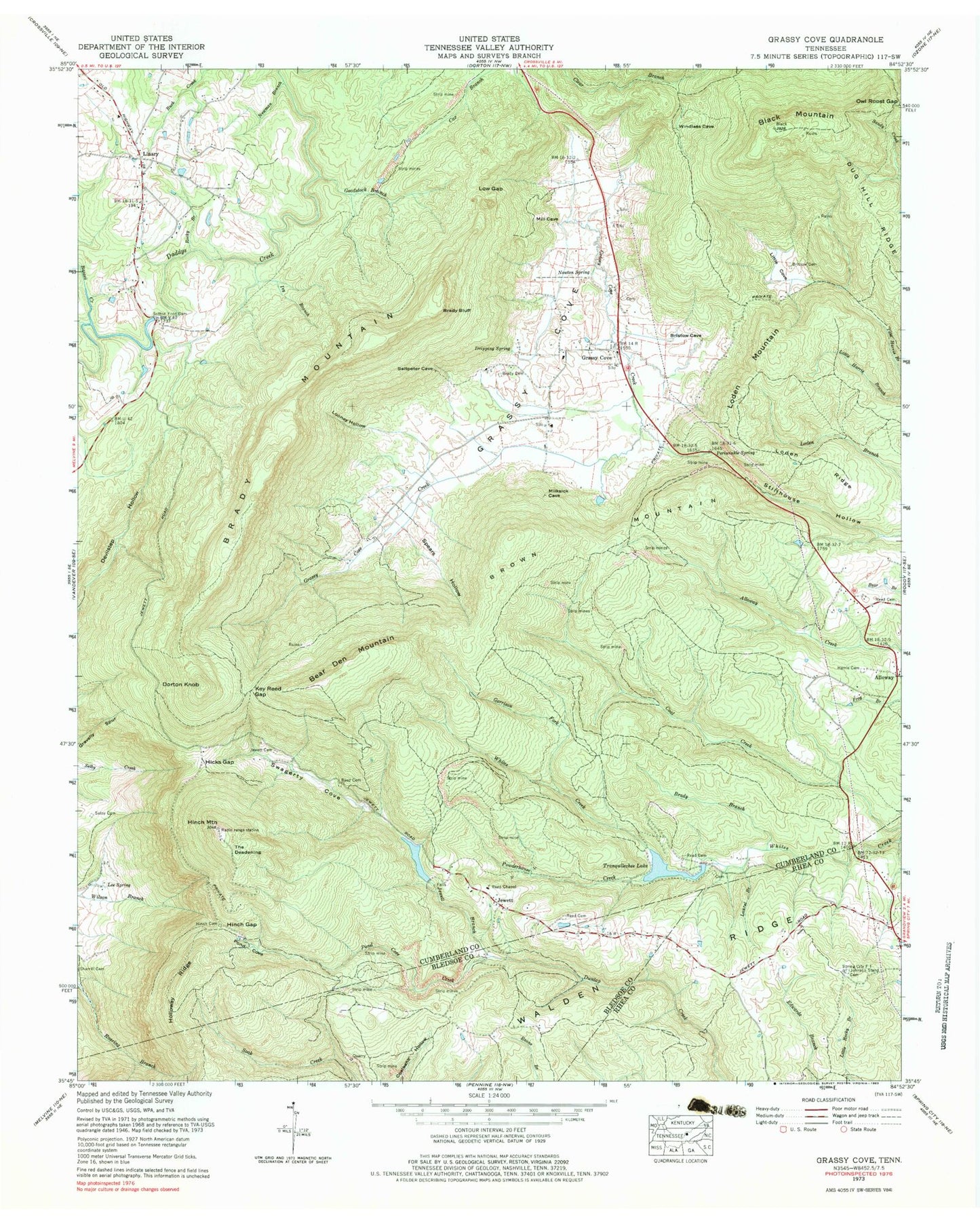 Classic USGS Grassy Cove Tennessee 7.5'x7.5' Topo Map Image