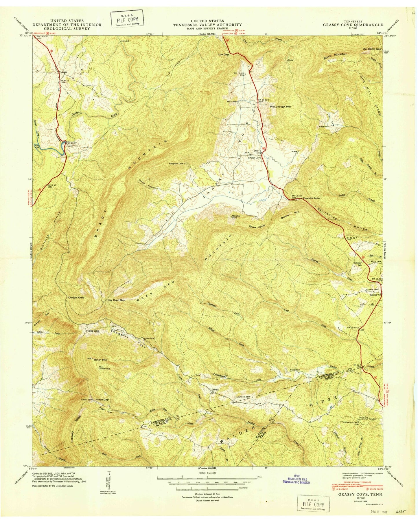Classic USGS Grassy Cove Tennessee 7.5'x7.5' Topo Map Image