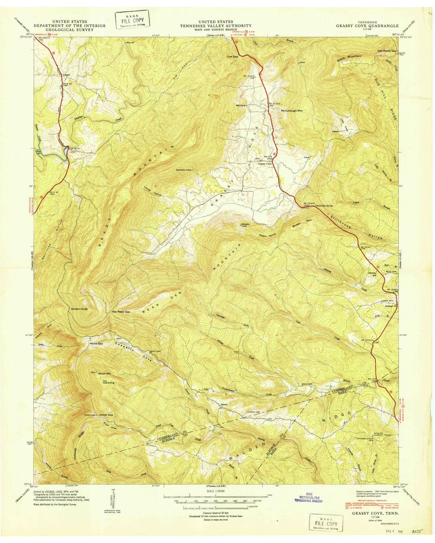 Classic USGS Grassy Cove Tennessee 7.5'x7.5' Topo Map Image