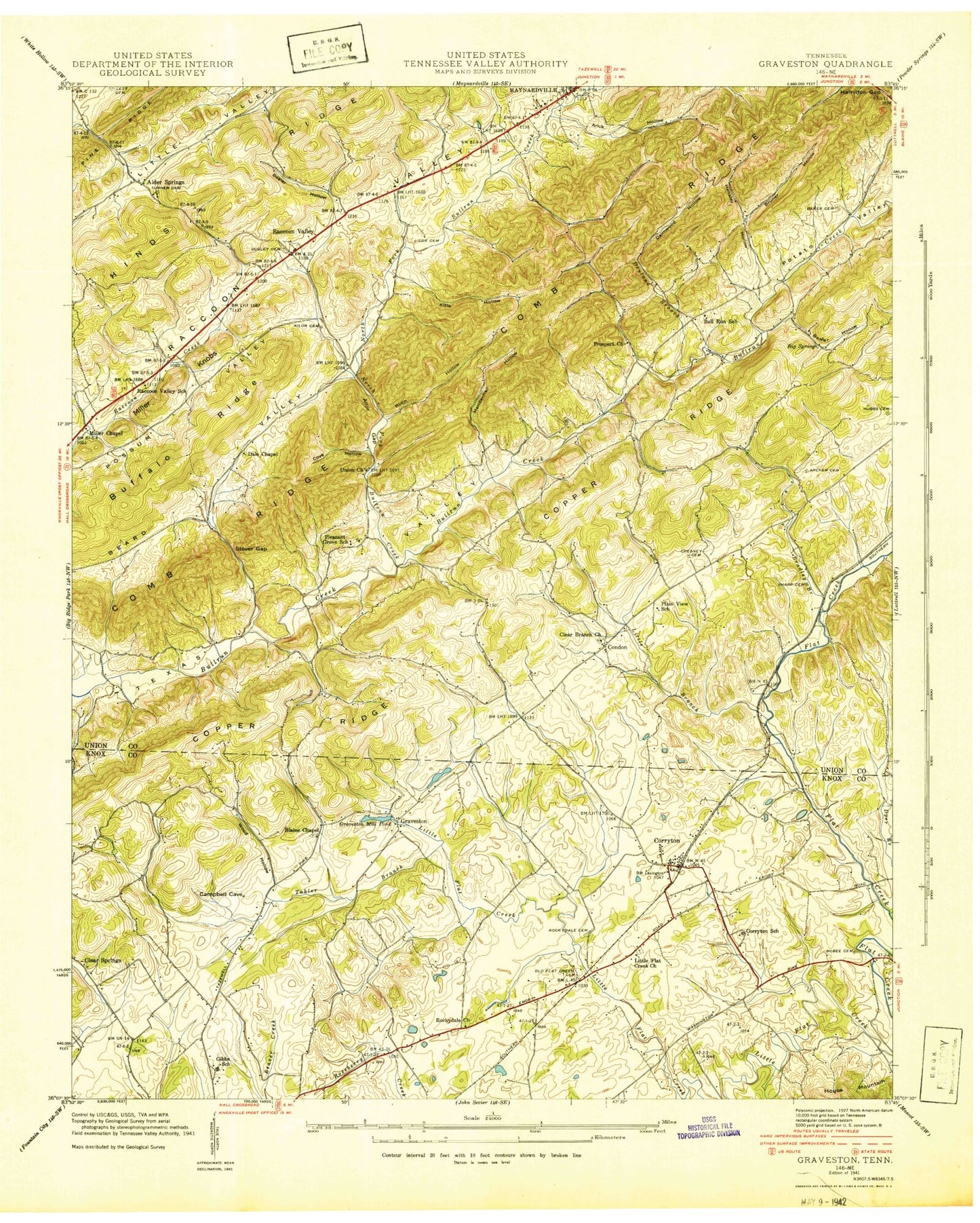 Classic USGS Graveston Tennessee 7.5'x7.5' Topo Map Image