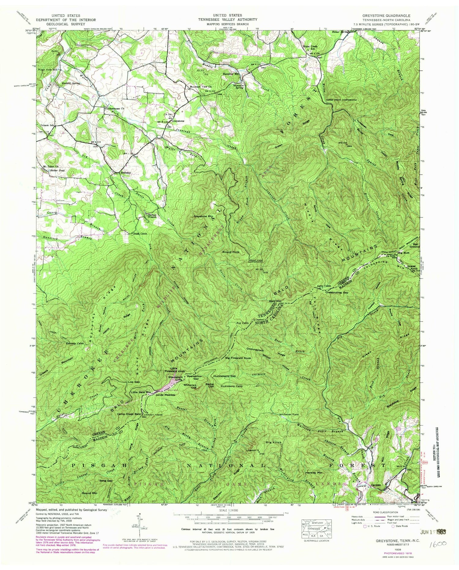 Classic USGS Greystone Tennessee 7.5'x7.5' Topo Map Image