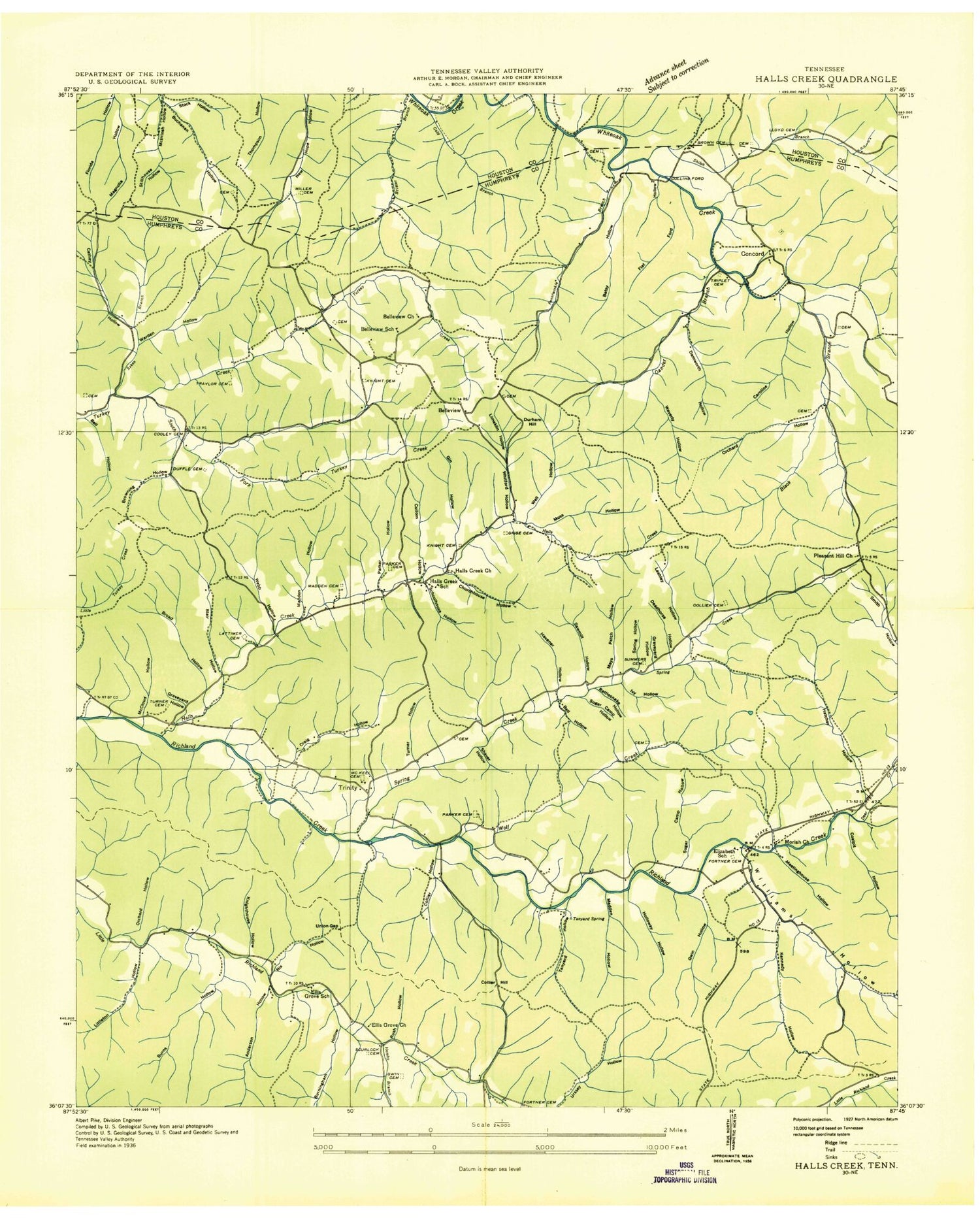 Classic USGS Halls Creek Tennessee 7.5'x7.5' Topo Map Image