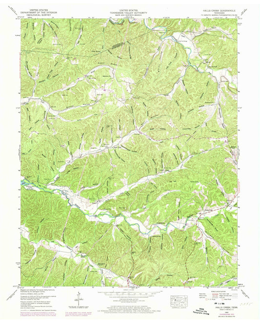 Classic USGS Halls Creek Tennessee 7.5'x7.5' Topo Map Image