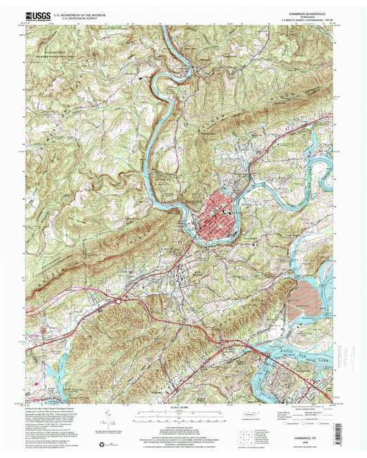 Classic USGS Harriman Tennessee 7.5'x7.5' Topo Map Image
