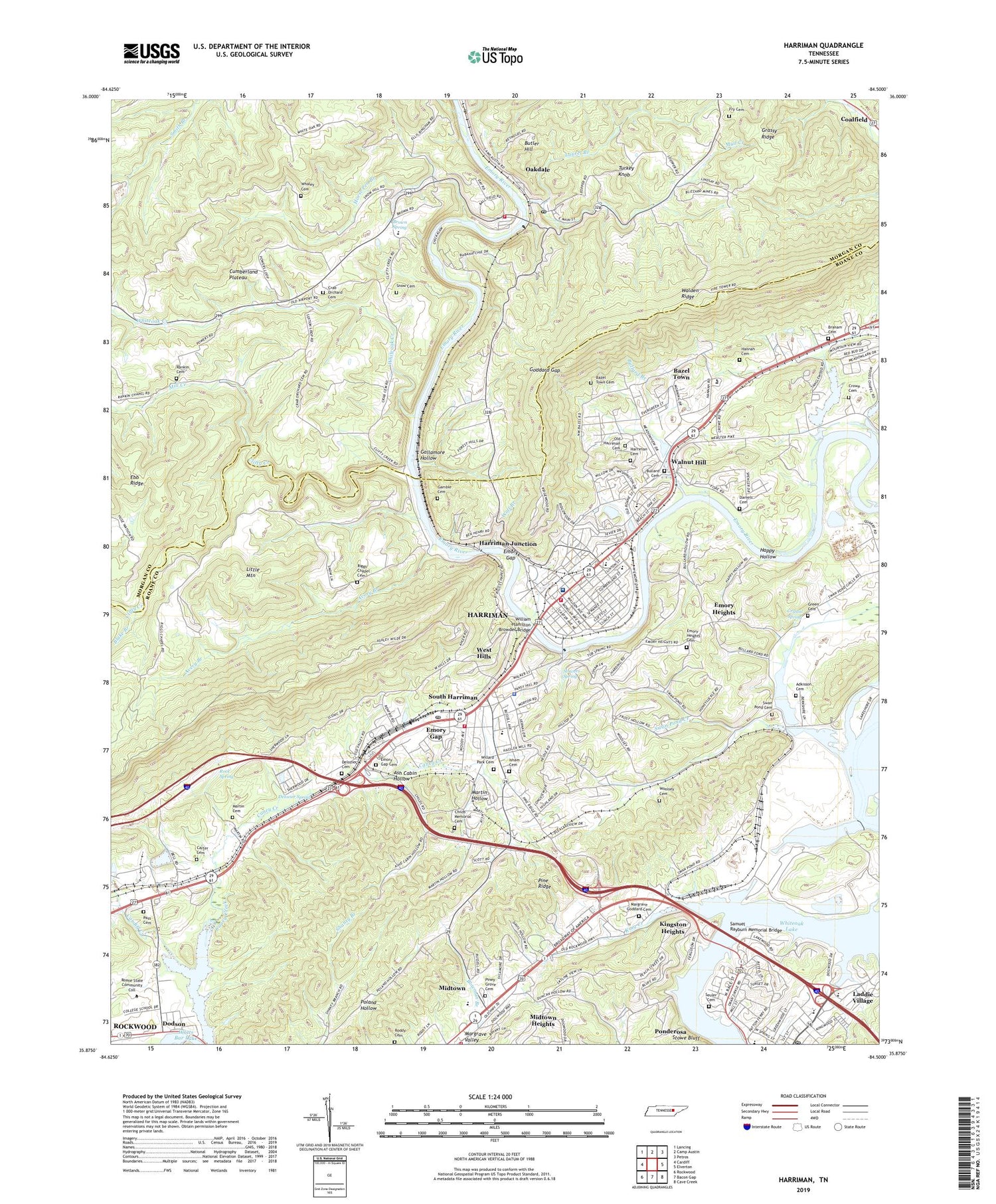 Harriman Tennessee US Topo Map Image