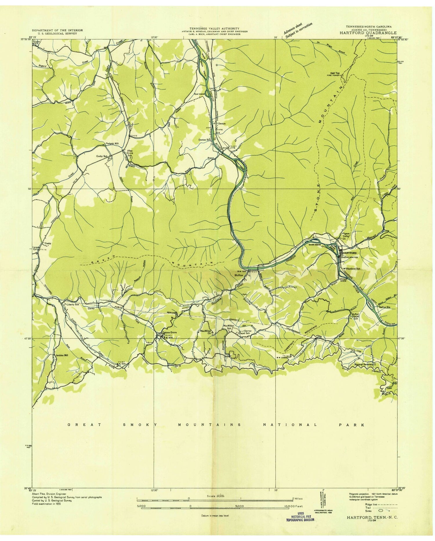 Classic USGS Hartford Tennessee 7.5'x7.5' Topo Map Image