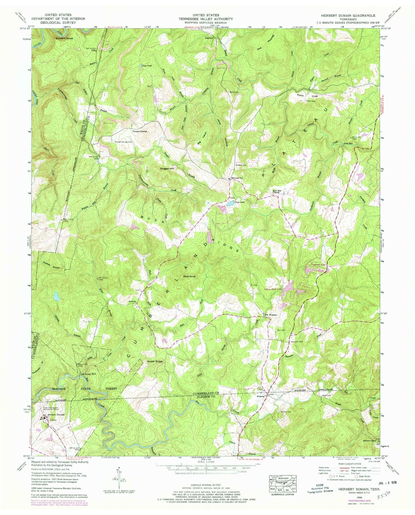 Classic USGS Herbert Domain Tennessee 7.5'x7.5' Topo Map Image