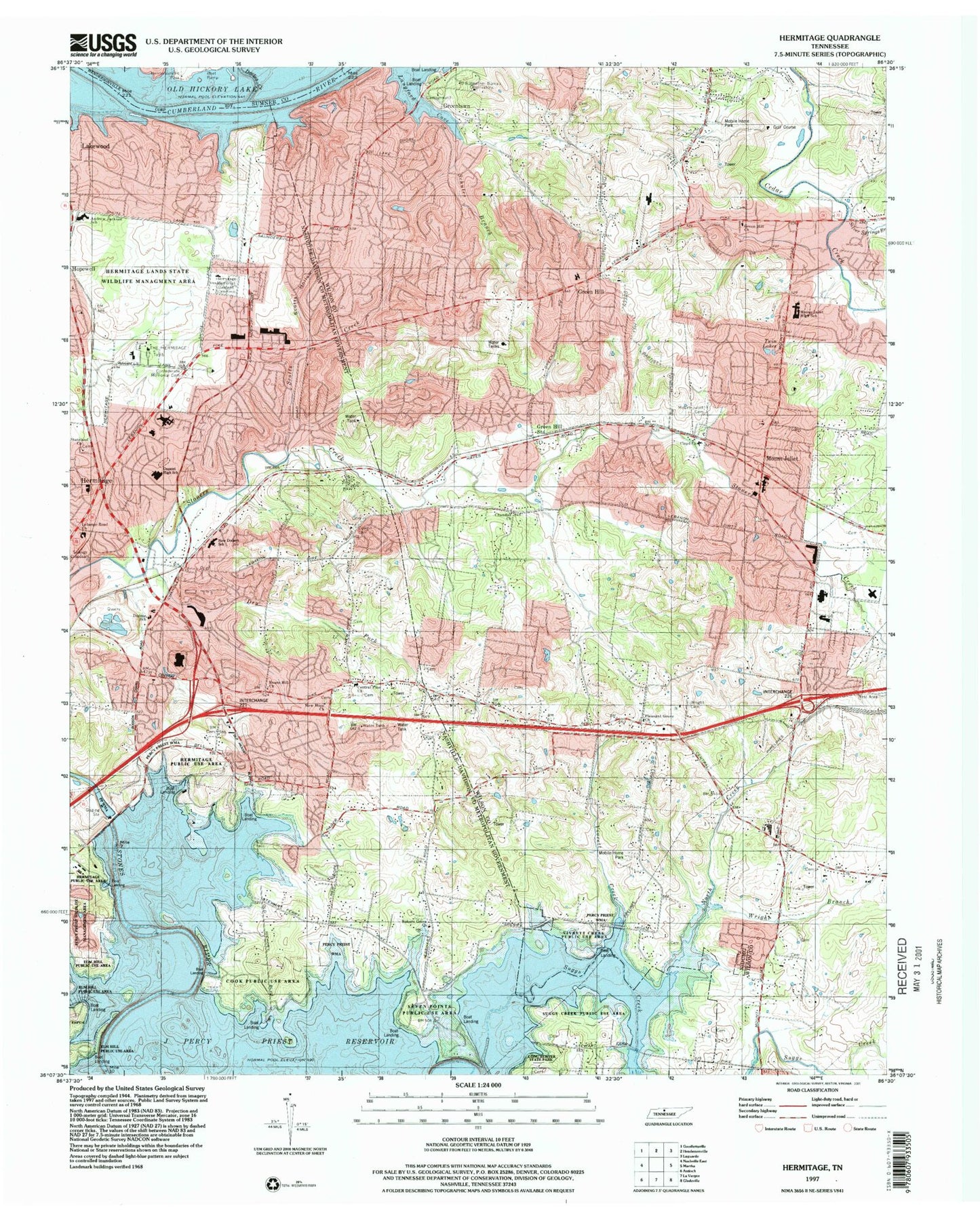 Classic USGS Hermitage Tennessee 7.5'x7.5' Topo Map Image