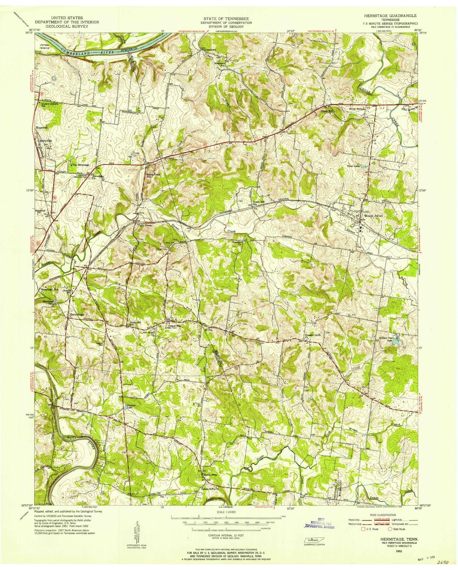 Classic USGS Hermitage Tennessee 7.5'x7.5' Topo Map Image