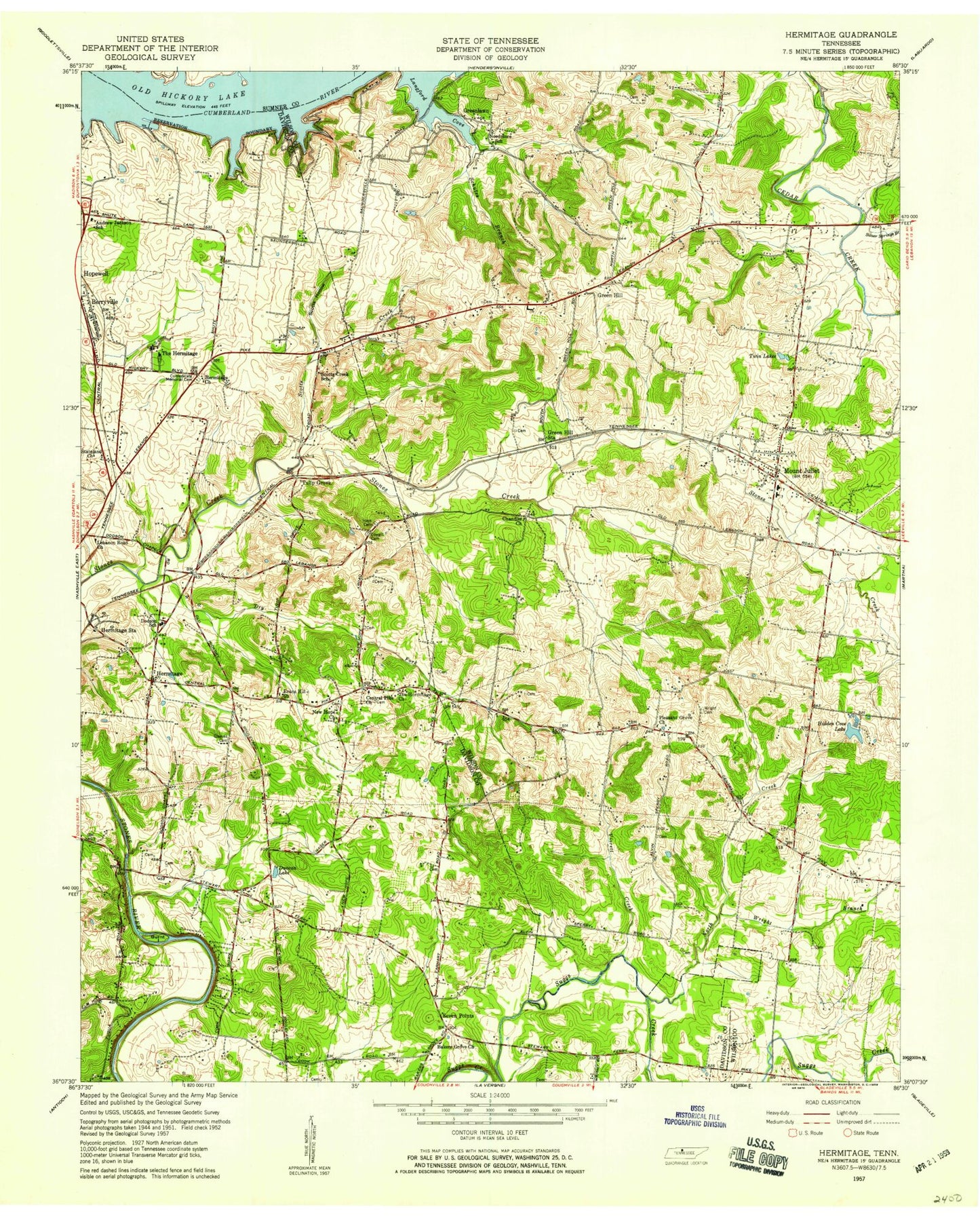 Classic USGS Hermitage Tennessee 7.5'x7.5' Topo Map Image